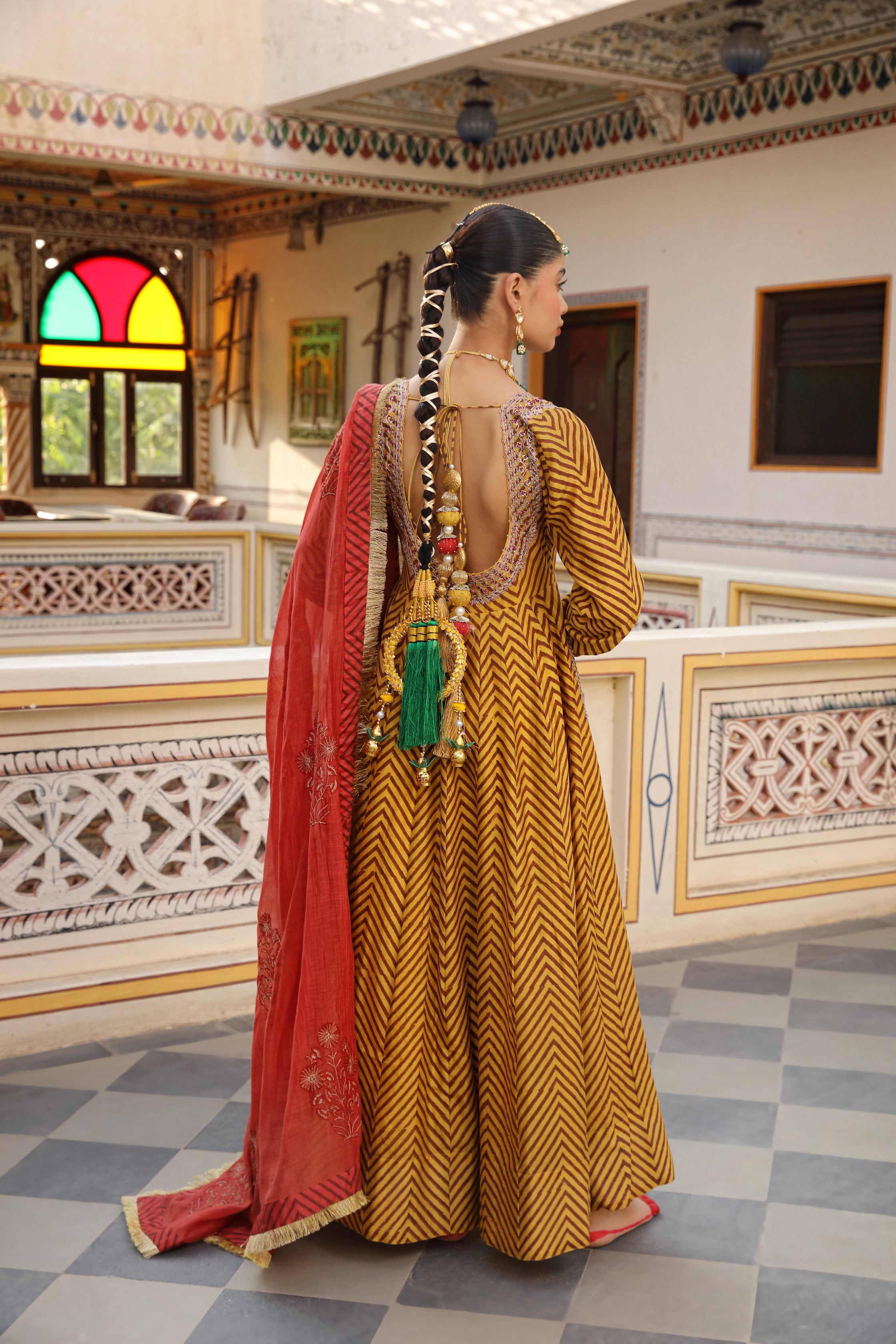 Gold Yellow Anarkali Suit Set with Zigzag Hand Block Print and Embroidery