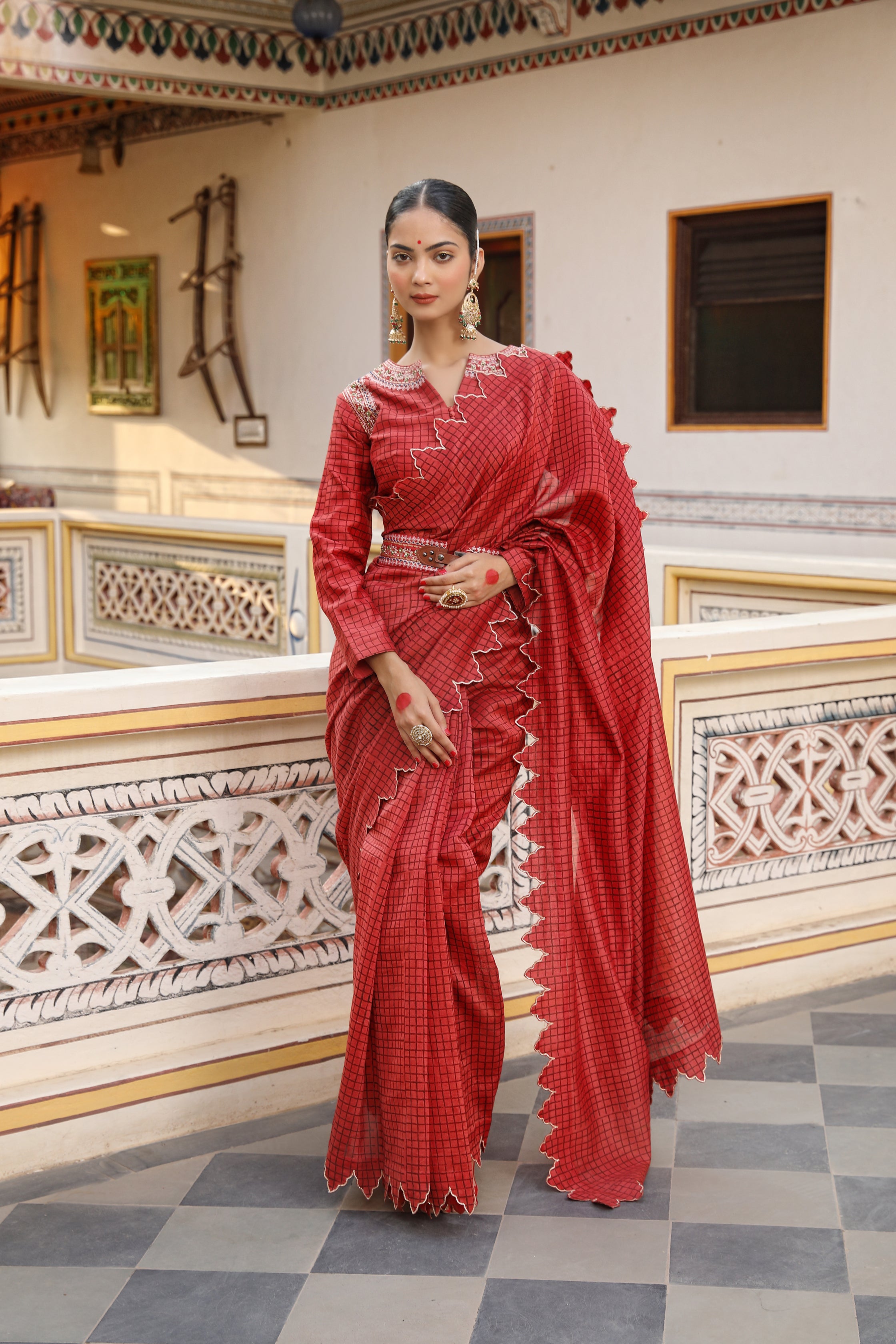 Hand Block Printed Silk Chanderi Saree Set with Embroidered Blouse and Belt