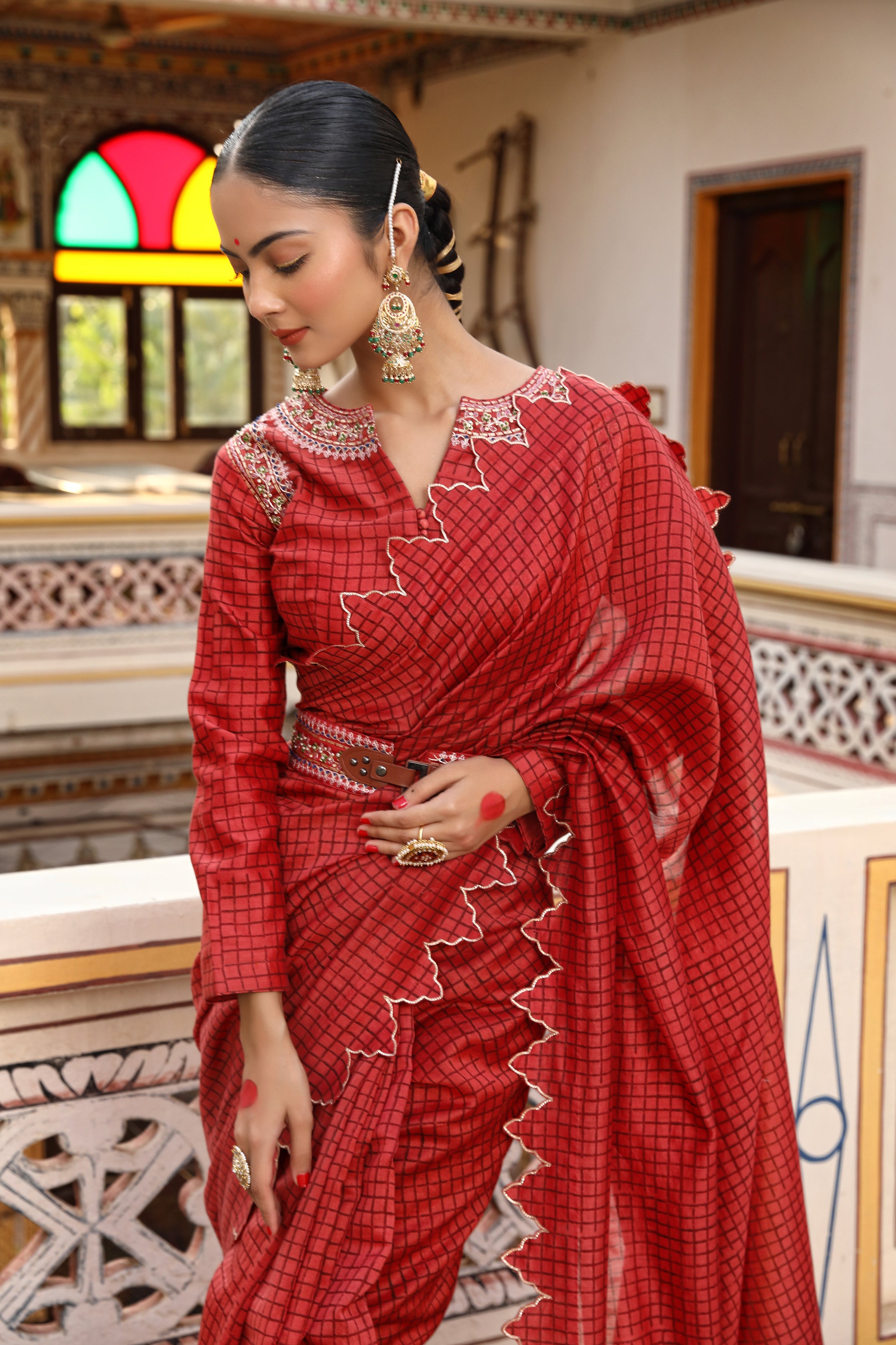 Hand Block Printed Silk Chanderi Saree Set with Embroidered Blouse and Belt