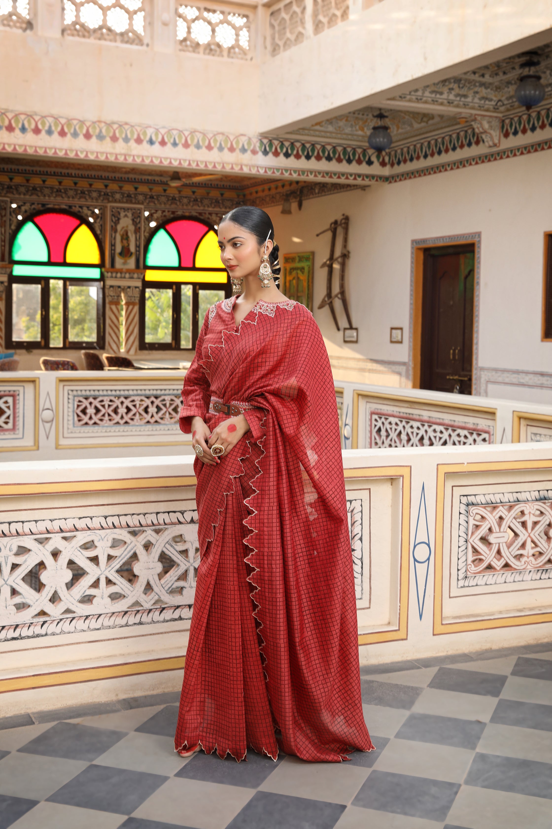 Hand Block Printed Silk Chanderi Saree Set with Embroidered Blouse and Belt