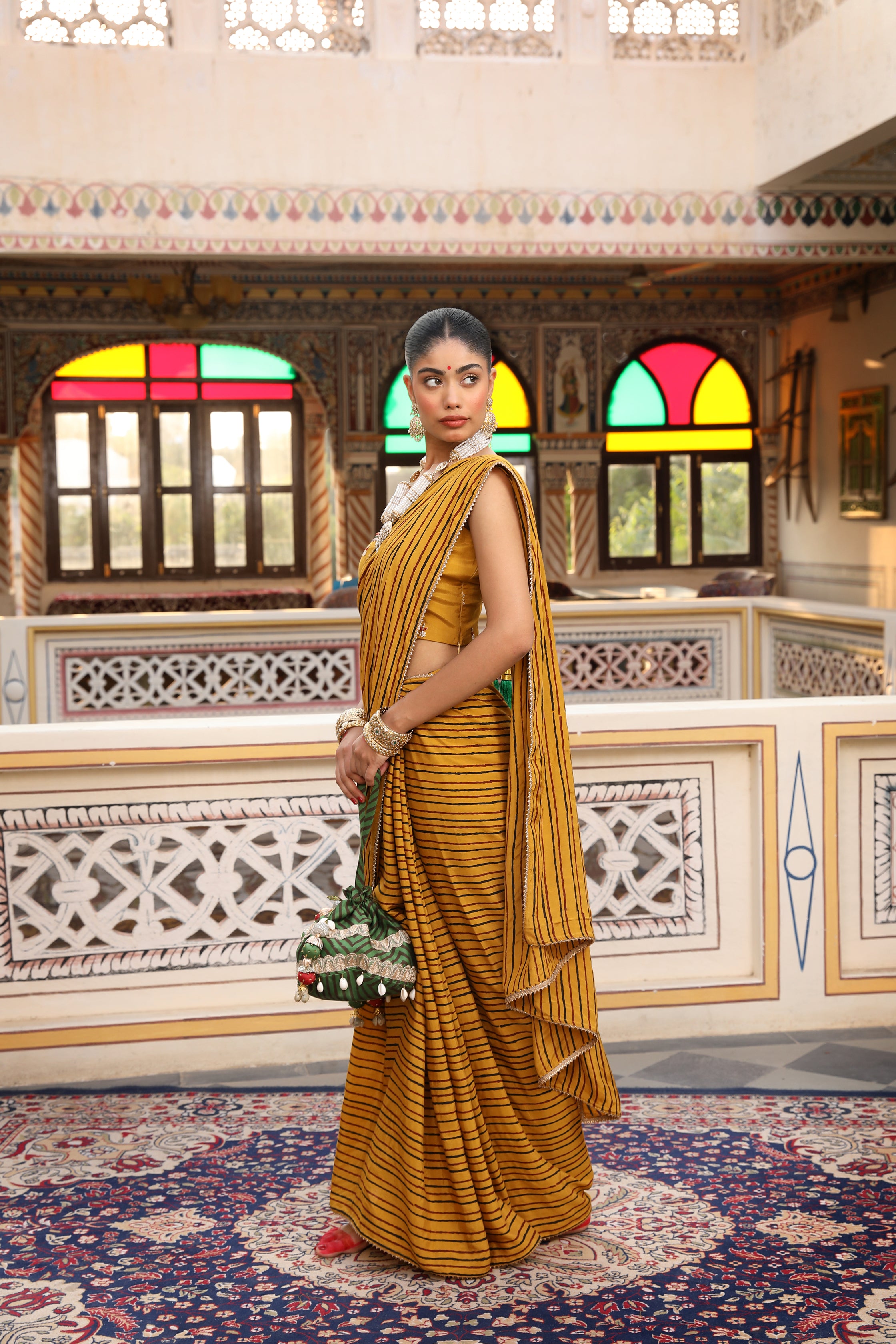 Brick Rust Hand Block Printed Silk Chanderi Saree Set with Embroidered Blouse and Belt