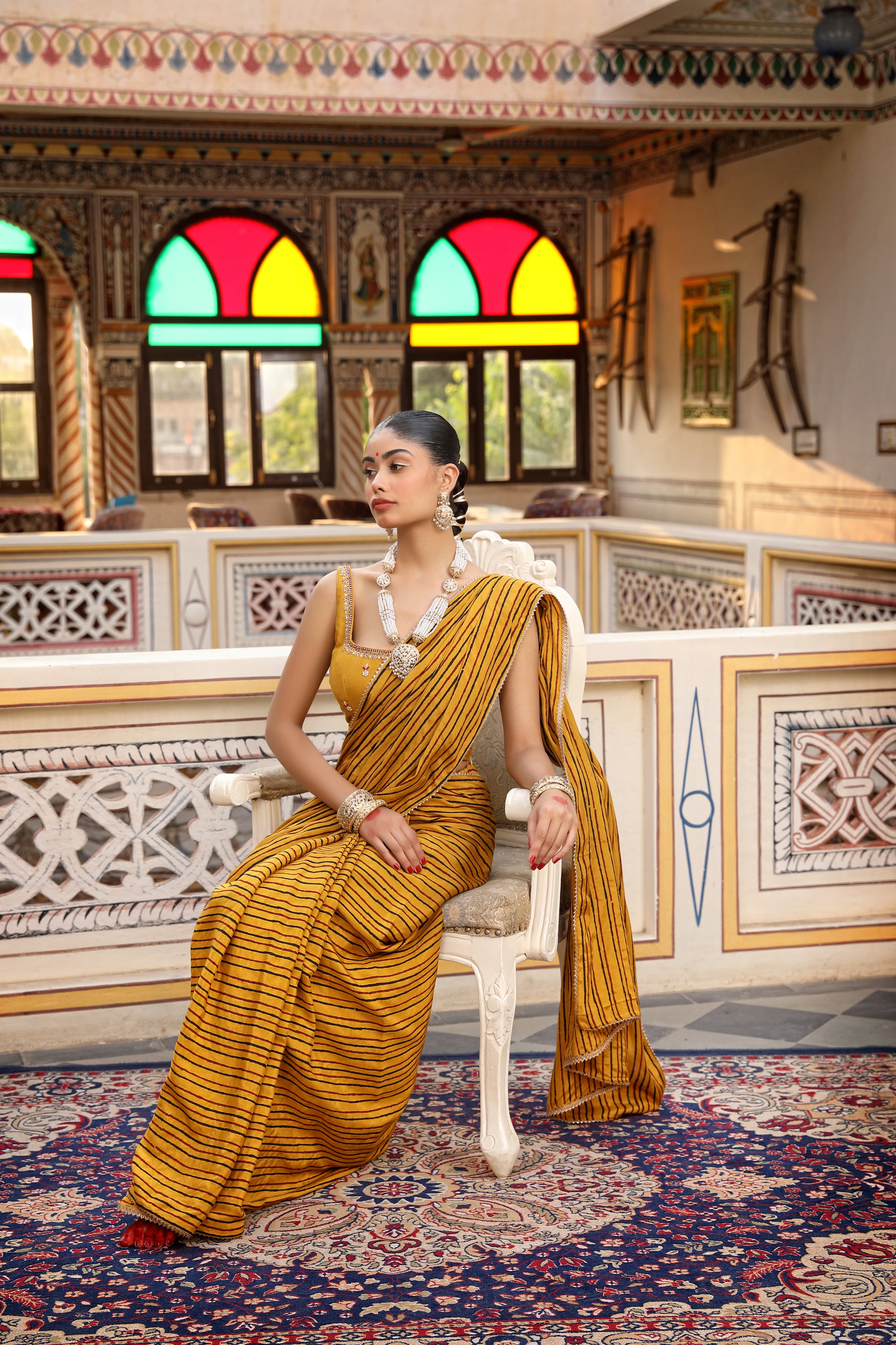 Brick Rust Hand Block Printed Silk Chanderi Saree Set with Embroidered Blouse and Belt