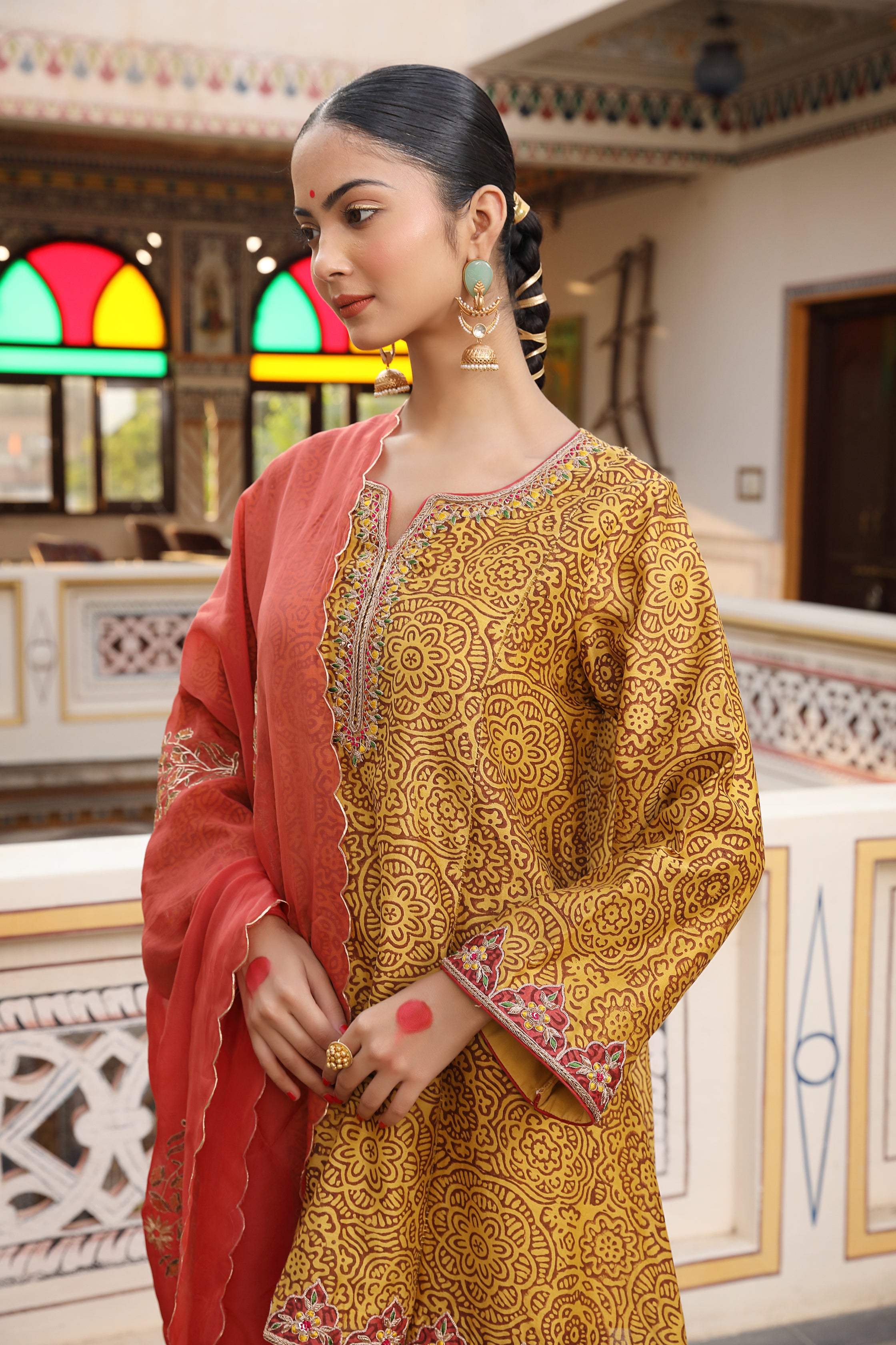 Gold Yellow Short Kurta with Salwar Set featuring Jaal Hand Block Print and Embroidery