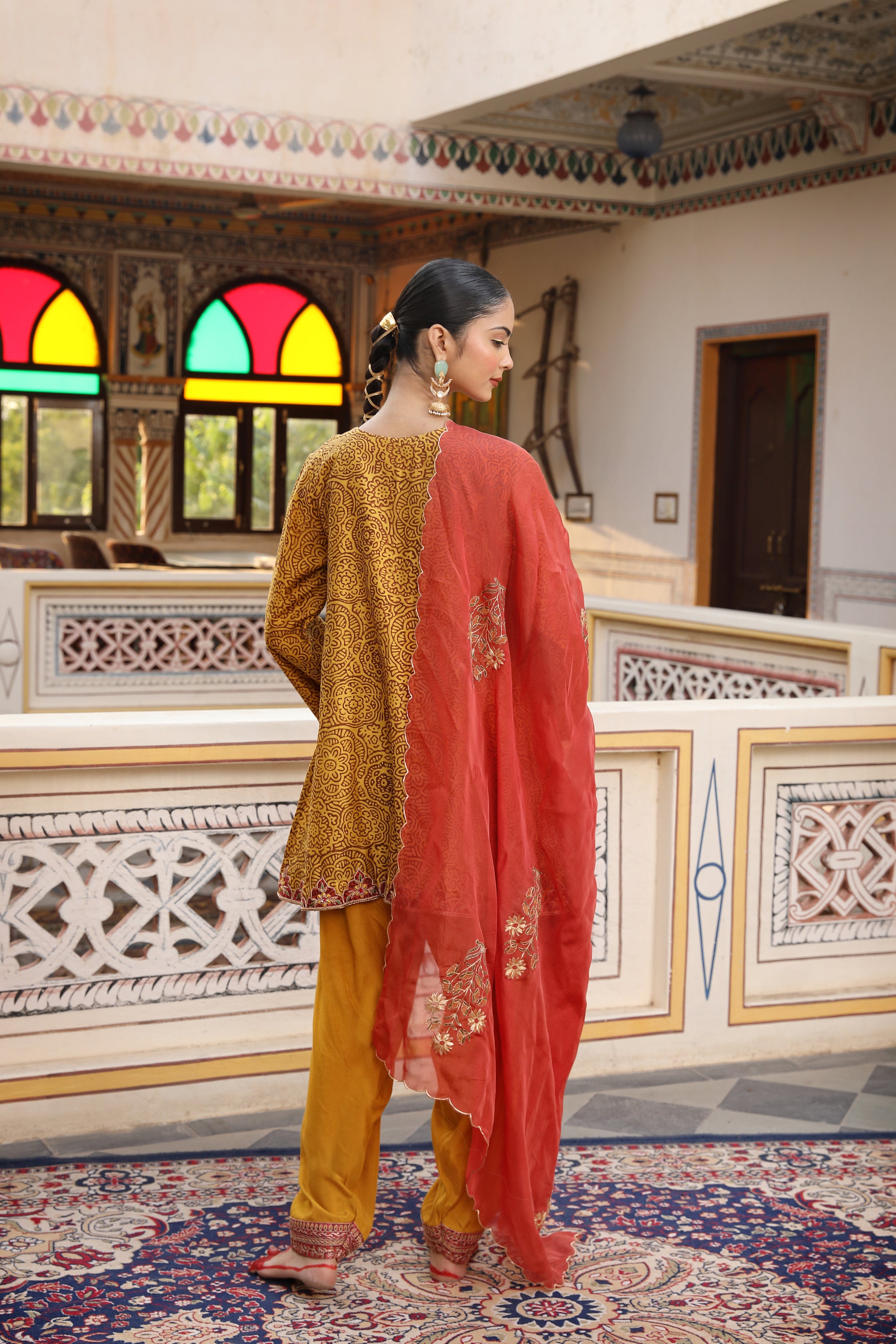 Gold Yellow Short Kurta with Salwar Set featuring Jaal Hand Block Print and Embroidery