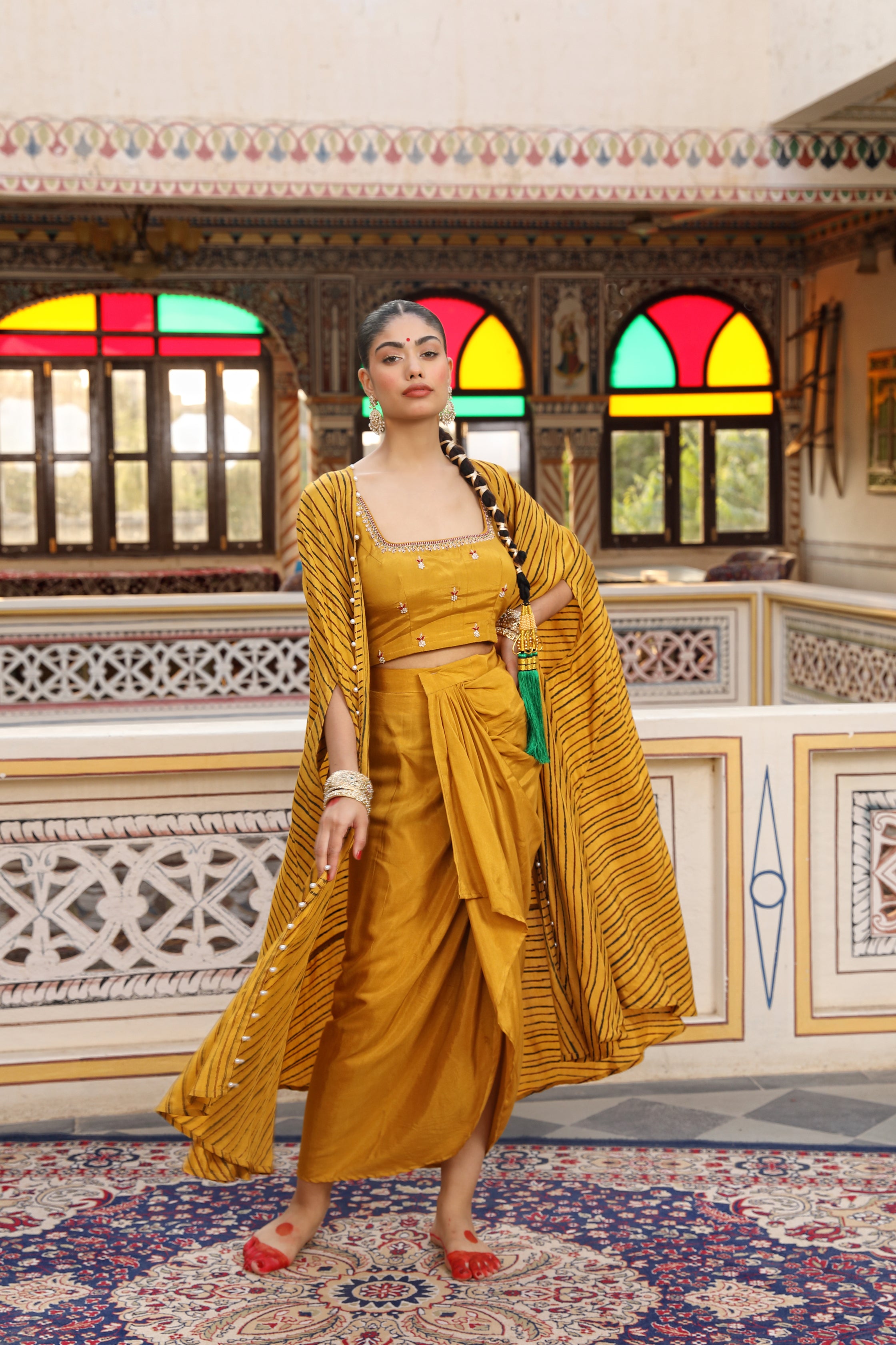 Gold Yellow Cape, Bustier, and Dhoti Skirt Set with Zardosi, Bead, and Pearl Embroidery