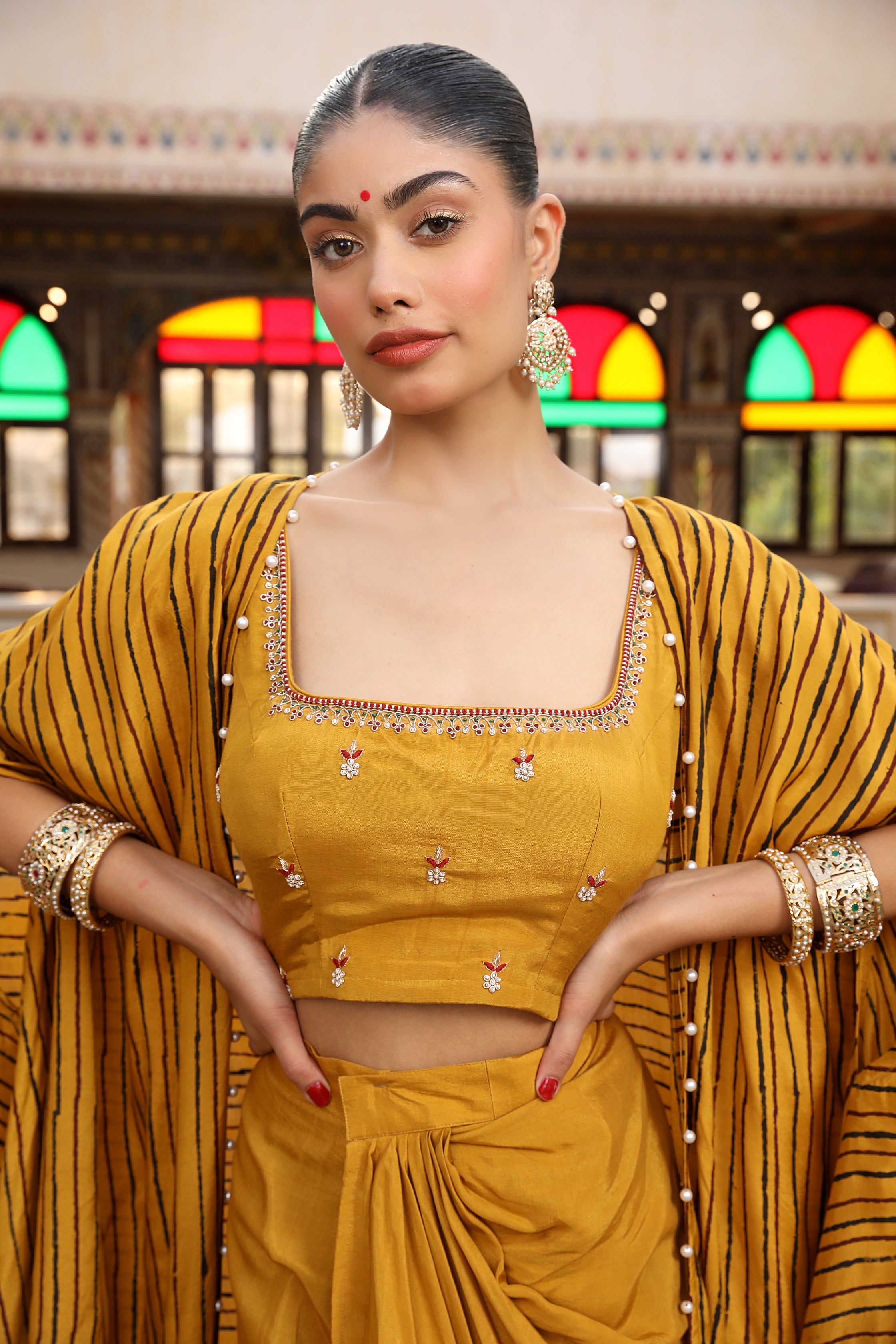 Gold Yellow Cape, Bustier, and Dhoti Skirt Set with Zardosi, Bead, and Pearl Embroidery