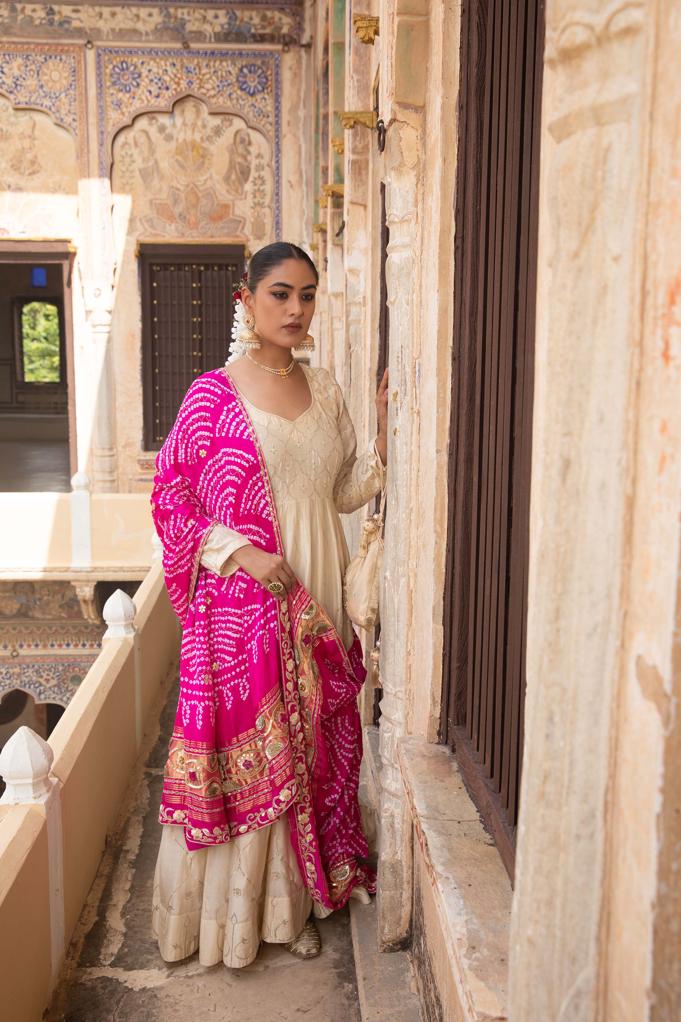 CHANDERI ANARKALI WITH CONTRAST DUPPATA
