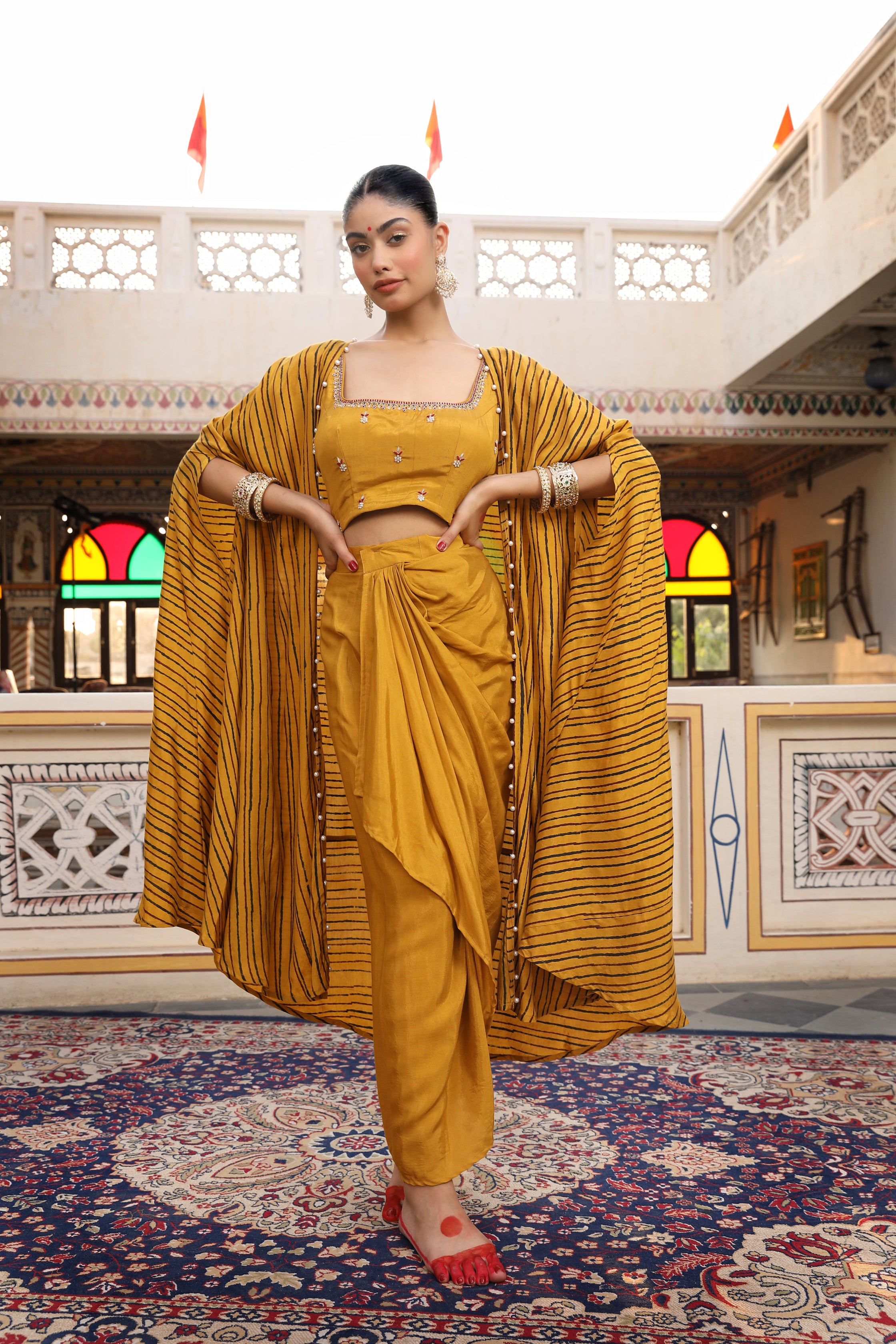 Gold Yellow Cape, Bustier, and Dhoti Skirt Set with Zardosi, Bead, and Pearl Embroidery