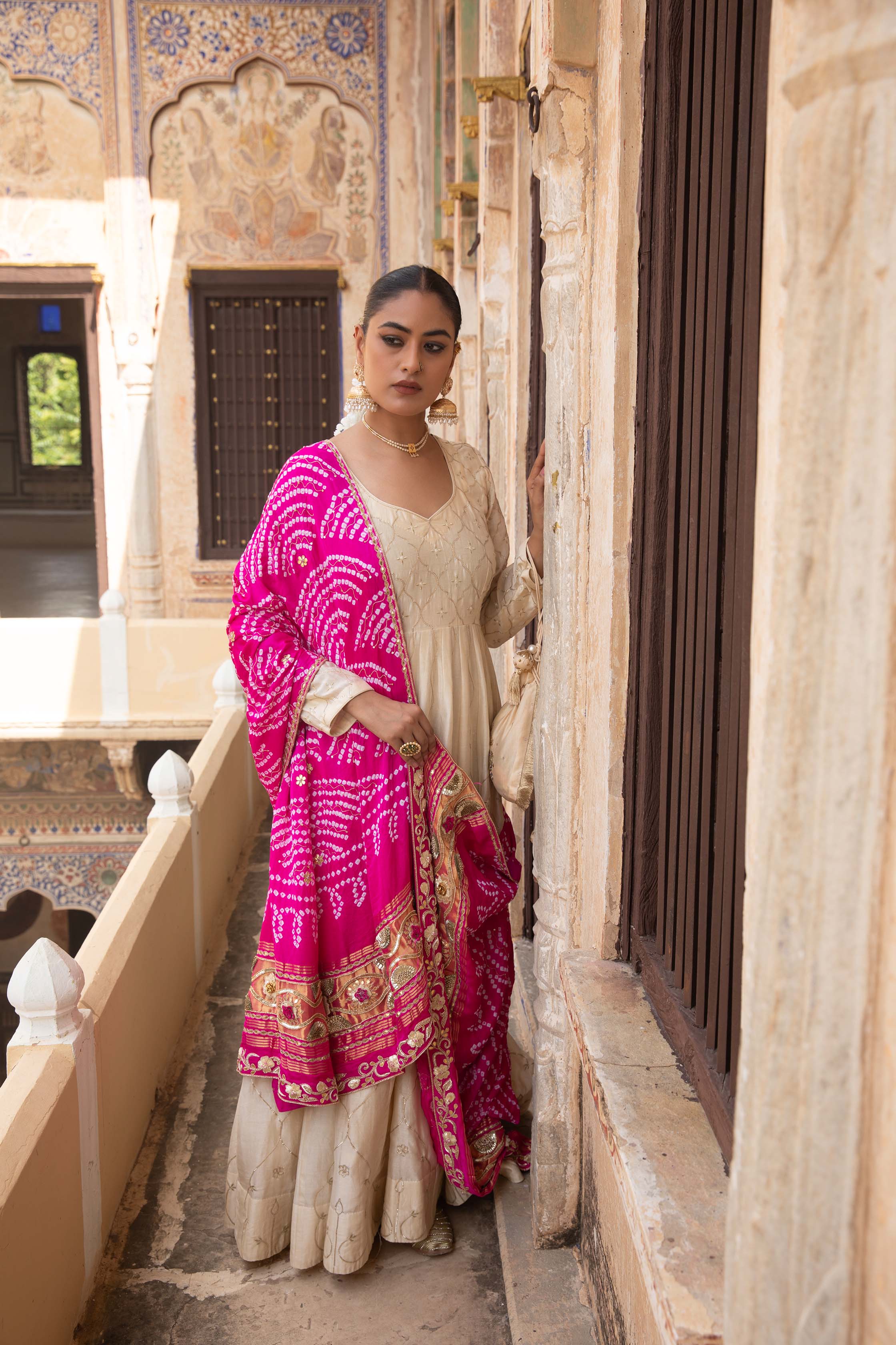 CHANDERI ANARKALI WITH CONTRAST DUPPATA