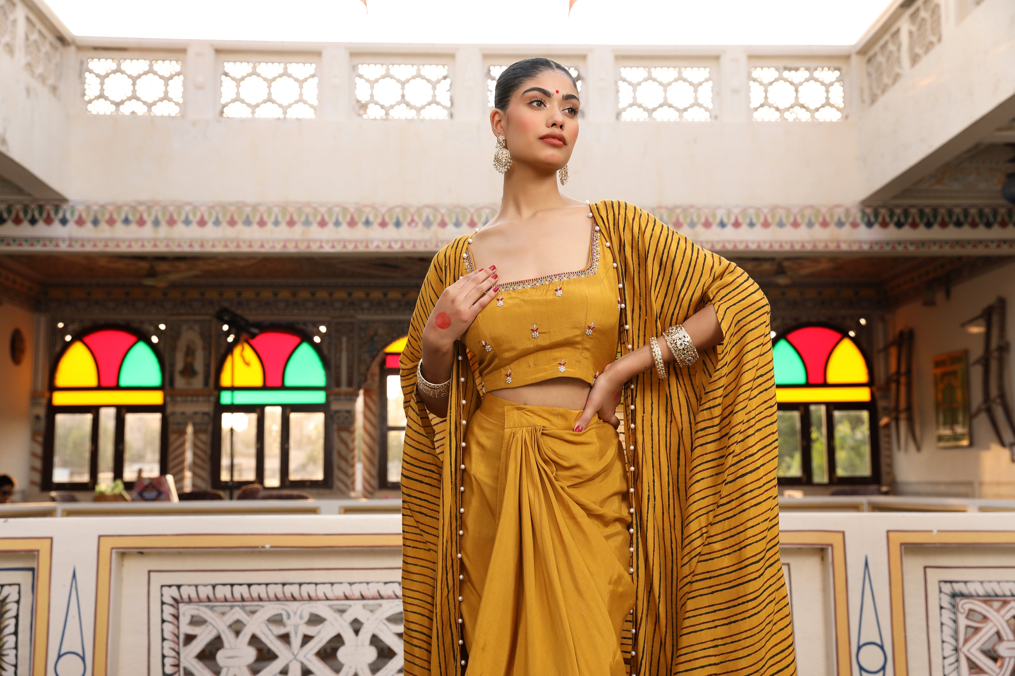 Gold Yellow Cape, Bustier, and Dhoti Skirt Set with Zardosi, Bead, and Pearl Embroidery