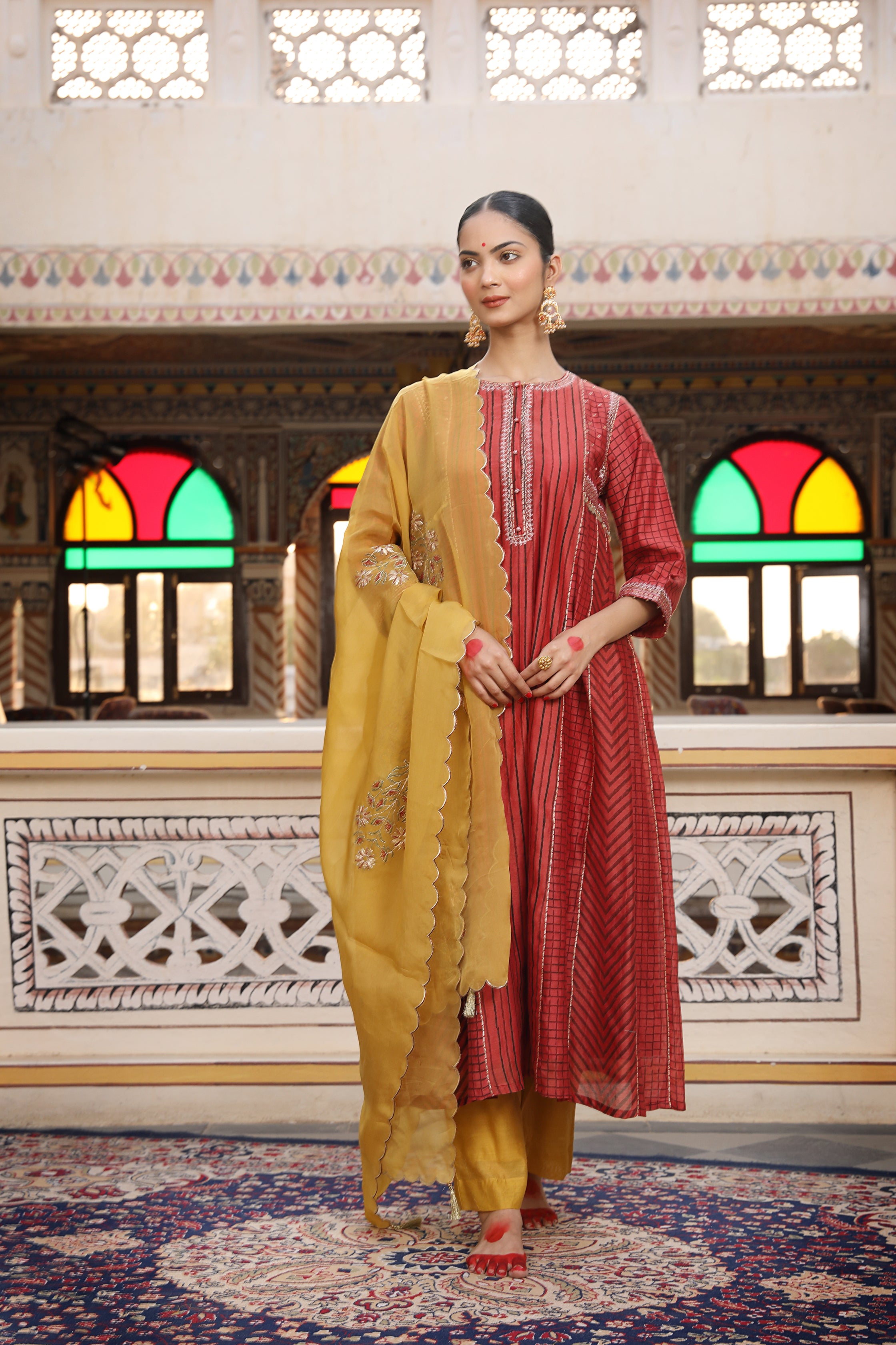 Gold Yellow Geometrical Suit Set with Hand Block Print and Pittan Embroidery