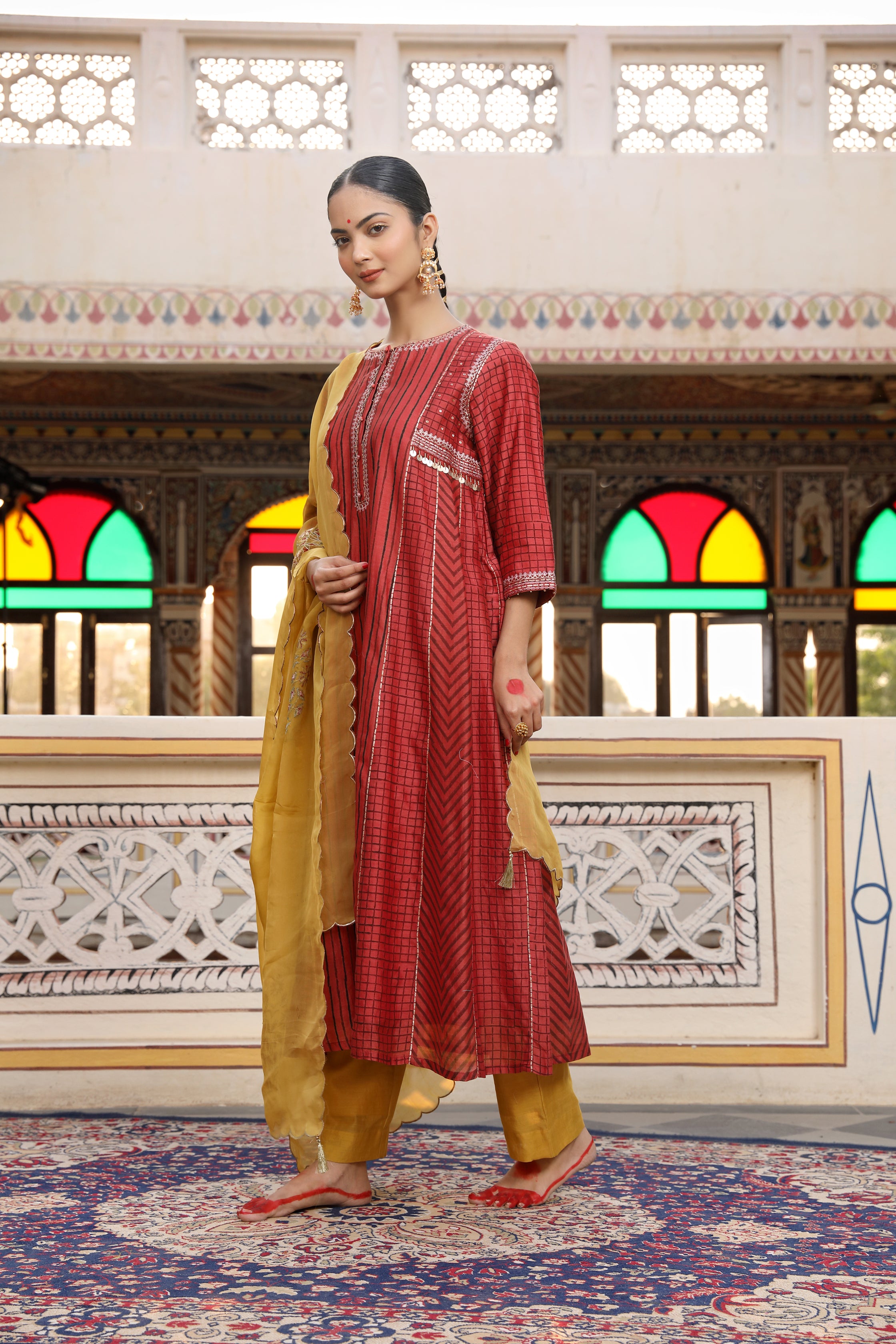 Gold Yellow Geometrical Suit Set with Hand Block Print and Pittan Embroidery