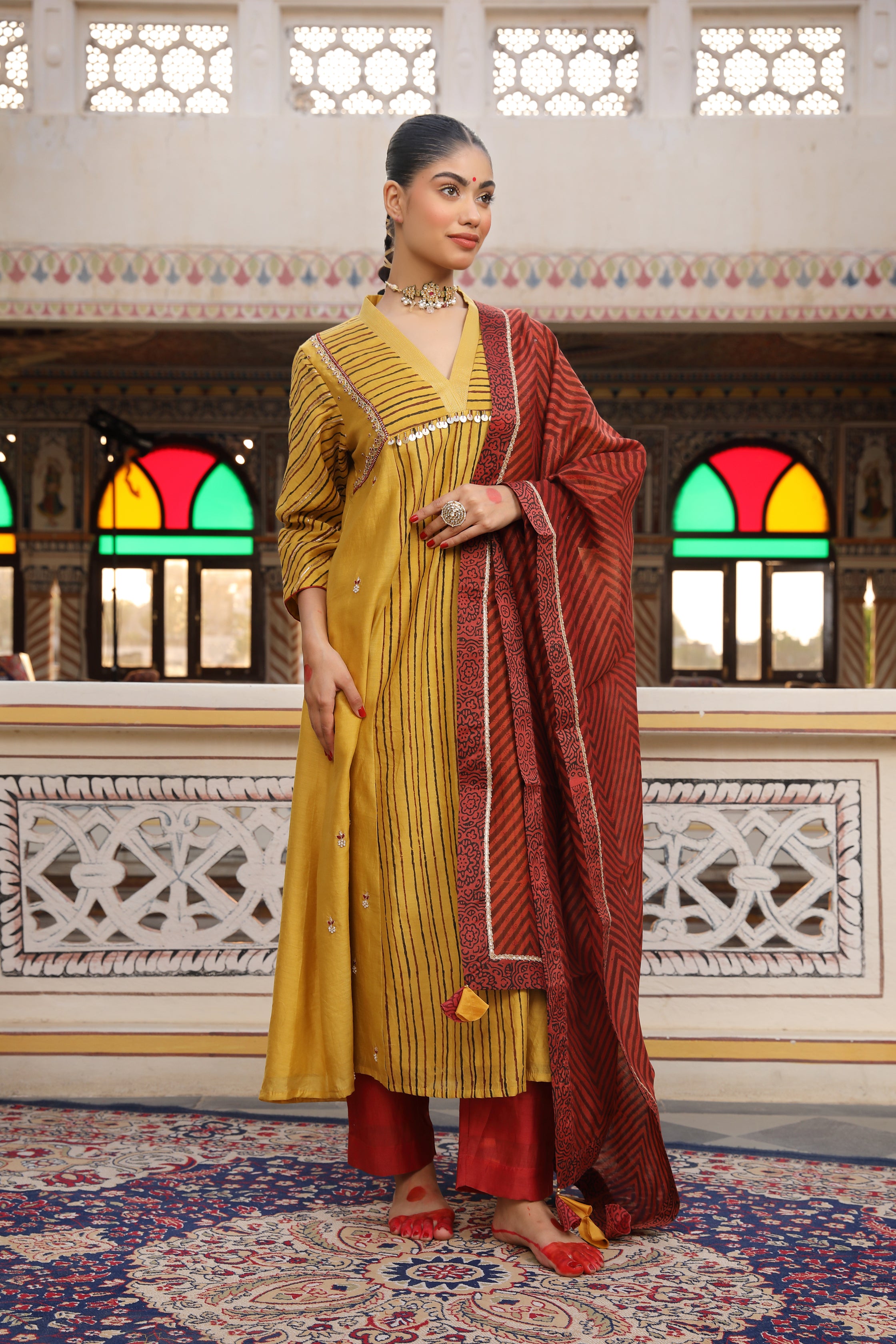 Mishri Gold Yellow Suit Set with Zardosi, Bead, and Pearl Embroidery