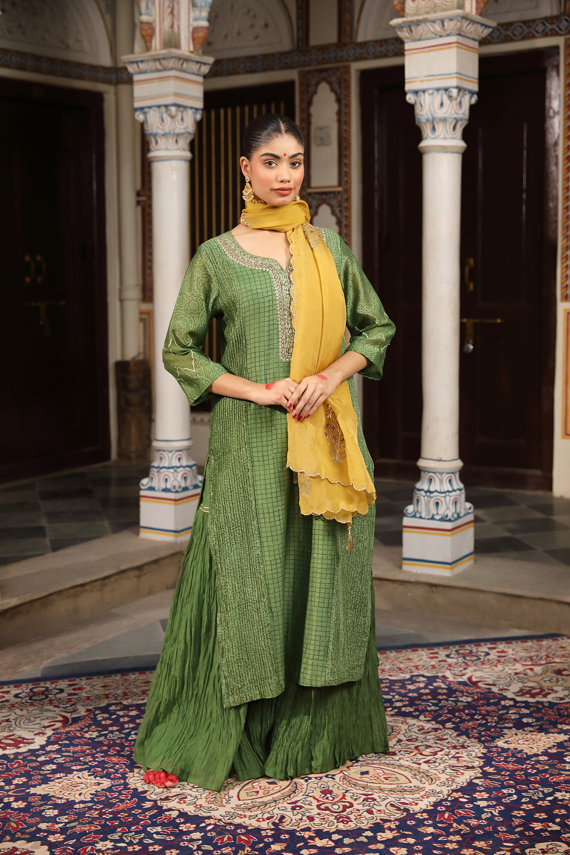 Green Straight 3-Piece Suit Set with Hand Block Print and Zari Detailing