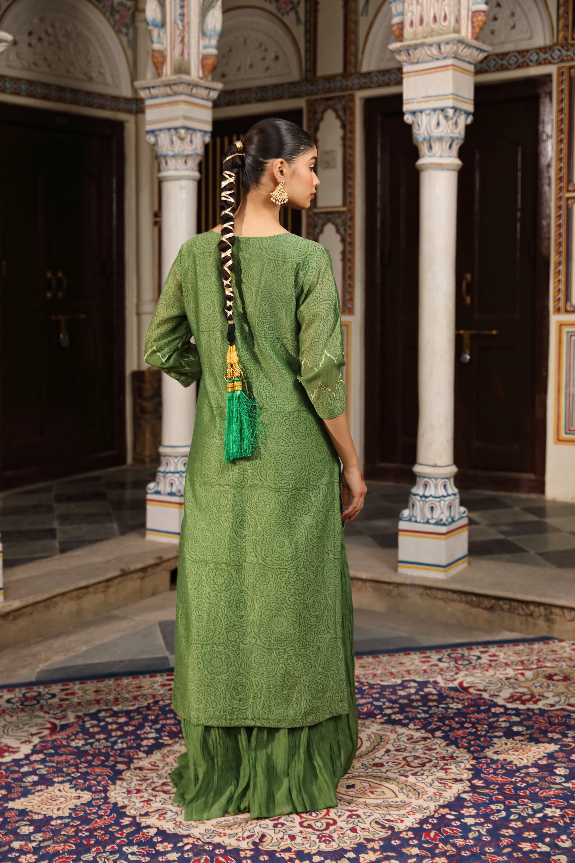 Green Straight 3-Piece Suit Set with Hand Block Print and Zari Detailing