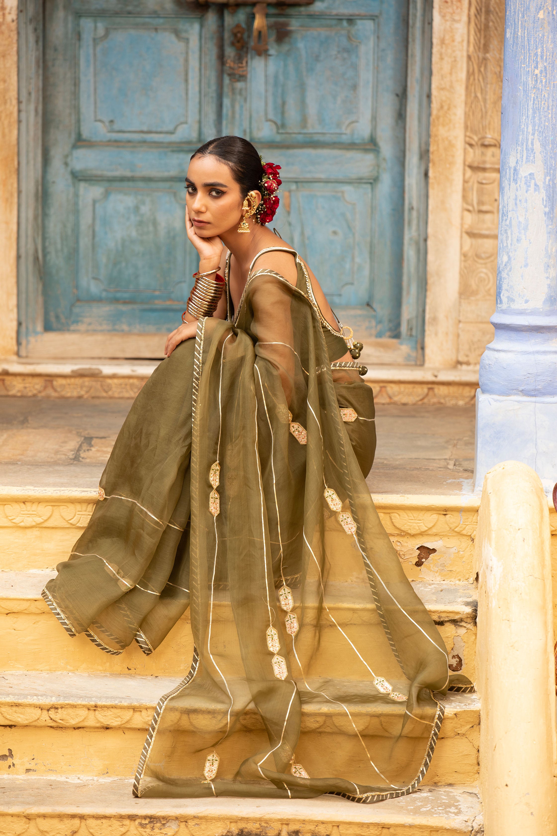 GREEN ORGANZA SAREE