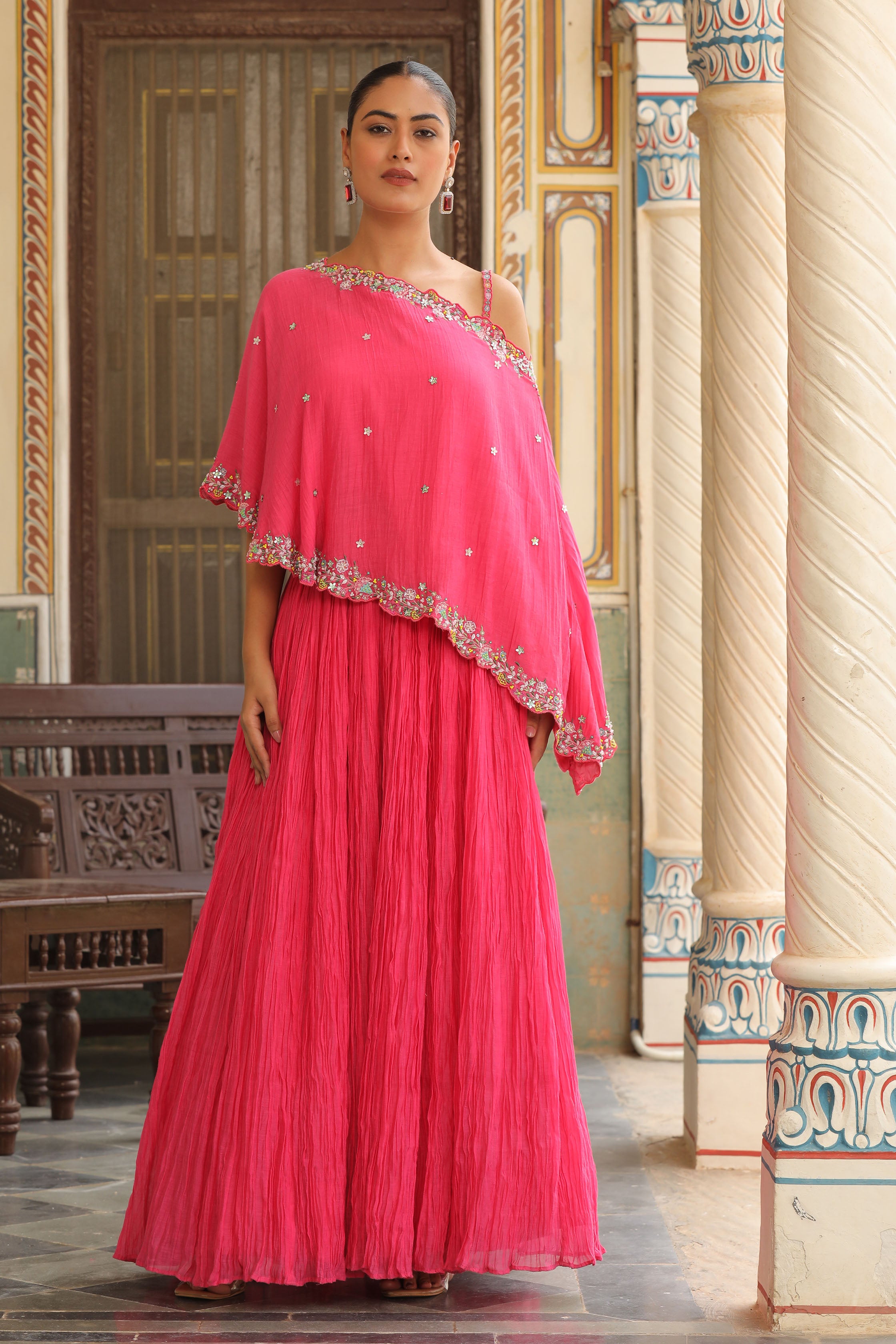 BERRY HOT PINK LEHENGA WITH BUSTIER CAPE
