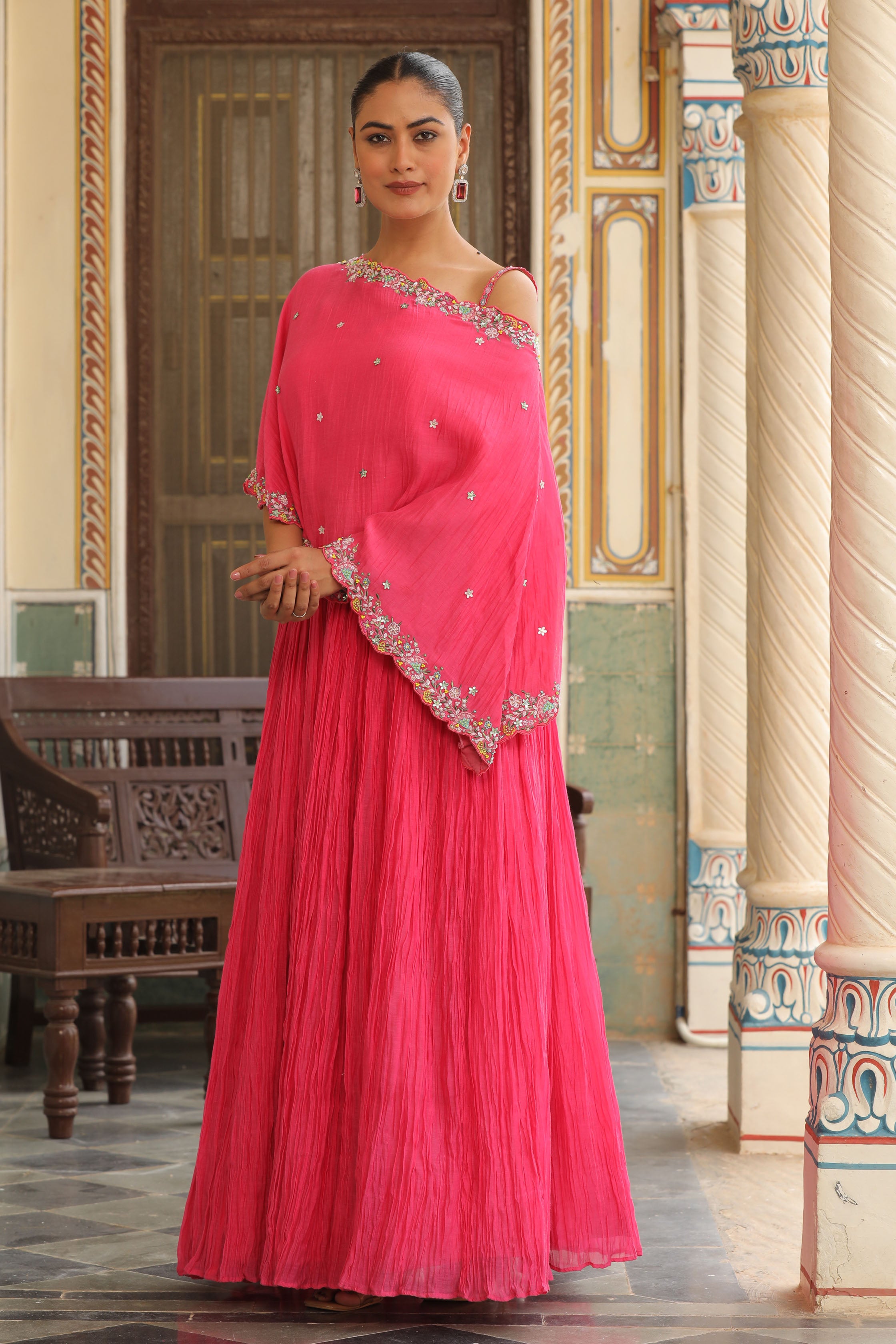 BERRY HOT PINK LEHENGA WITH BUSTIER CAPE