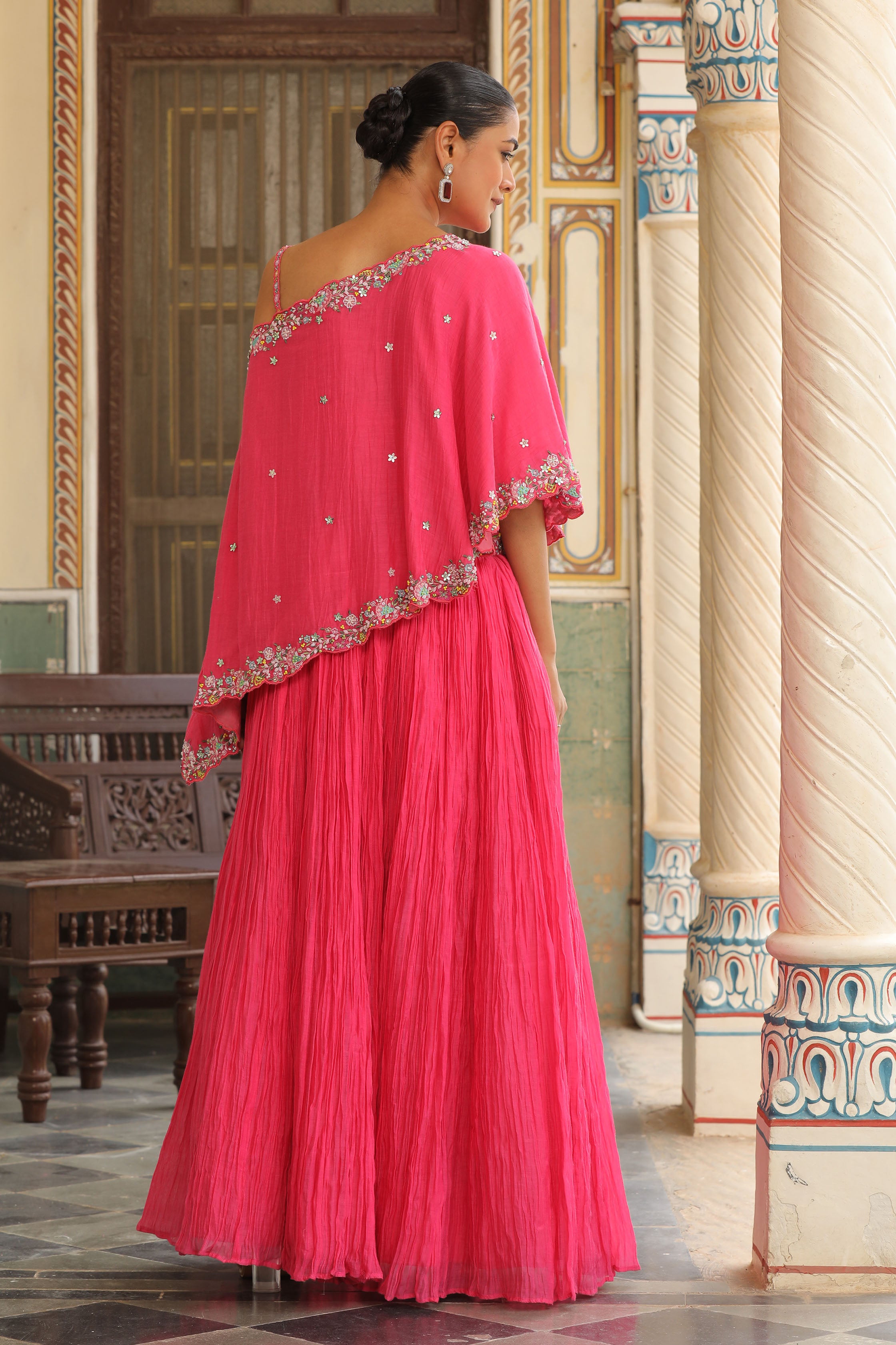 BERRY HOT PINK LEHENGA WITH BUSTIER CAPE