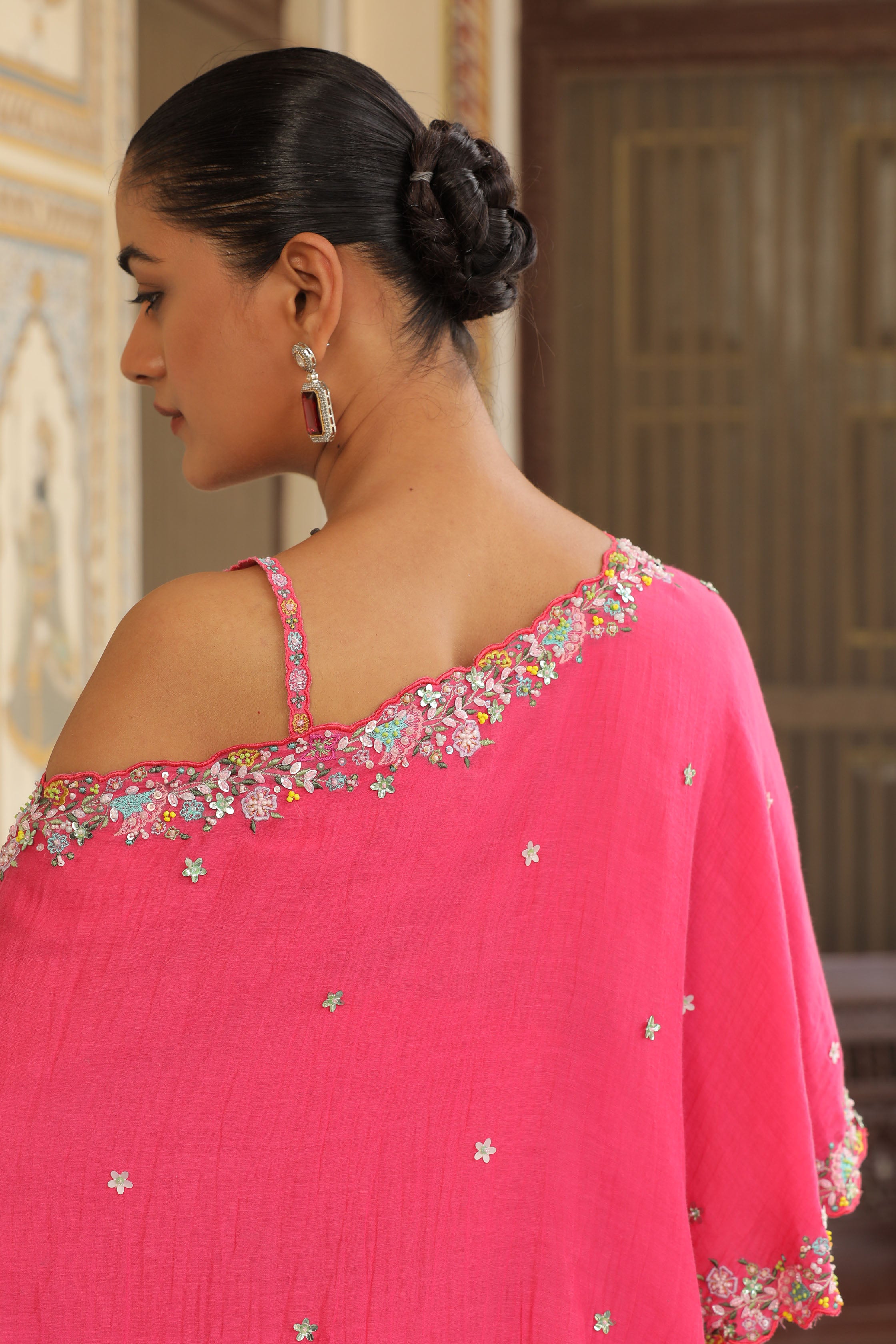 BERRY HOT PINK LEHENGA WITH BUSTIER CAPE