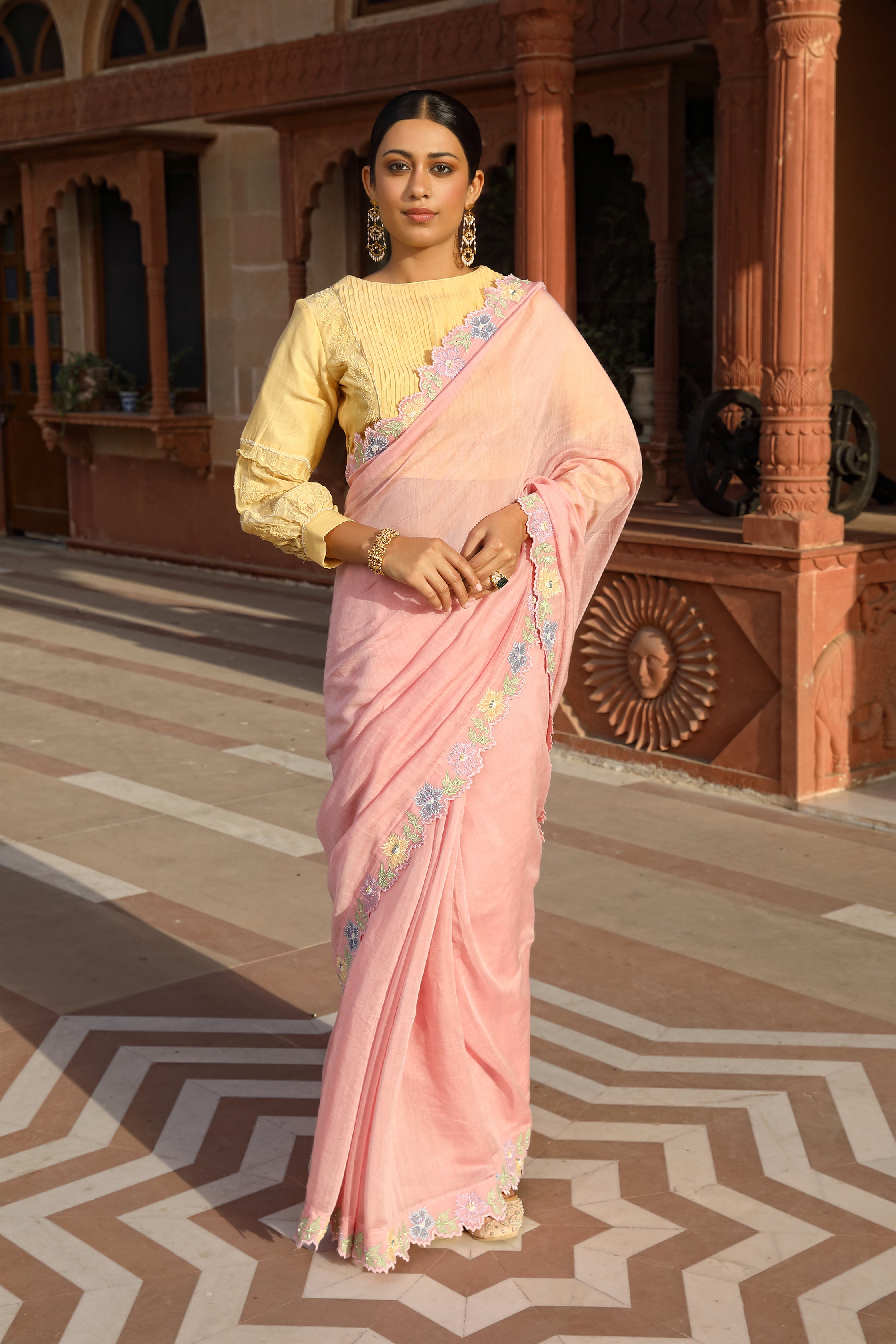 Pink Applique Saree with Multicolor Cutwork Border