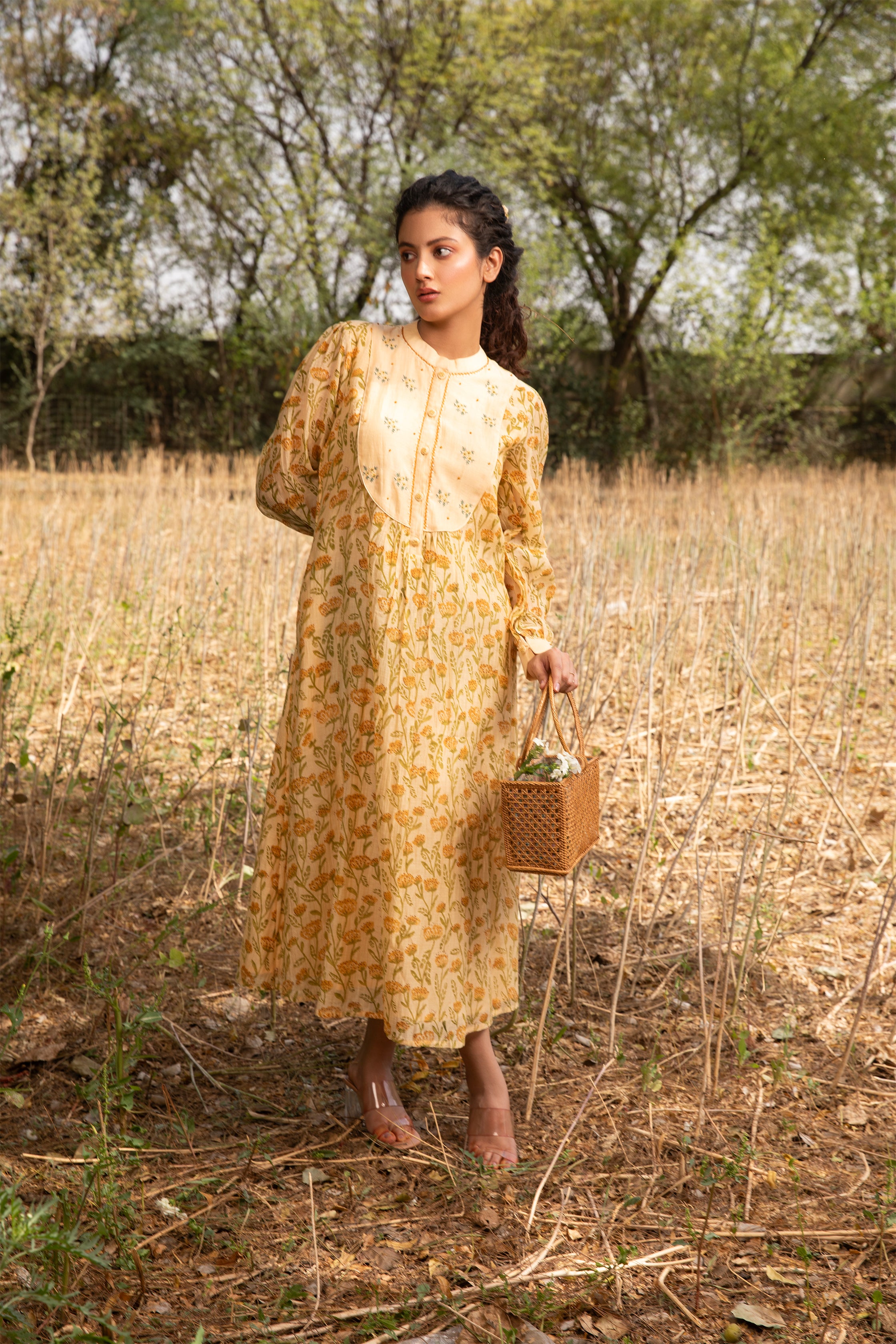 Yellow Solid Dress with Embroidered Yoke and Full Sleeves