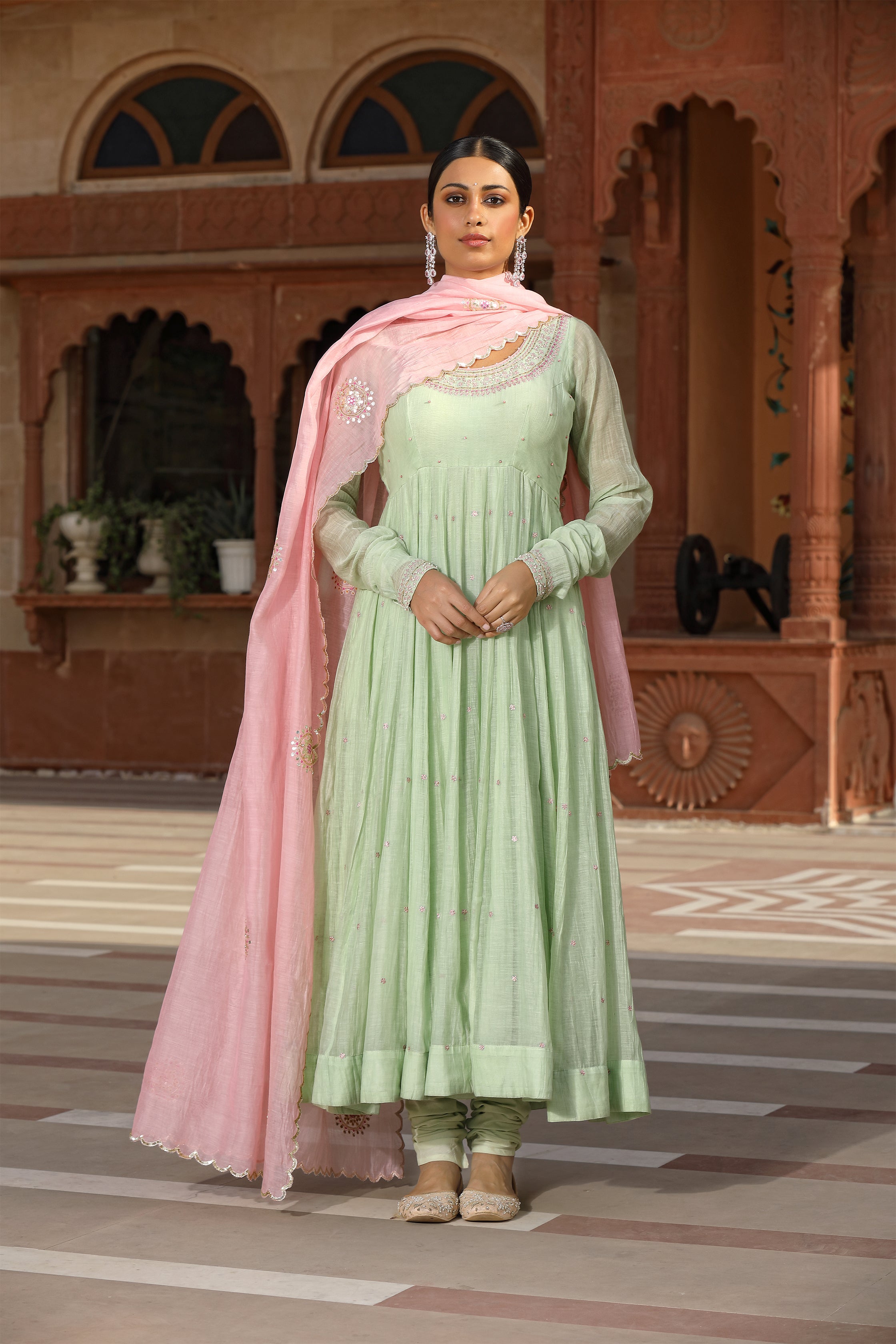 Green Anarkali Set in Lime Green with Contrast Dupatta