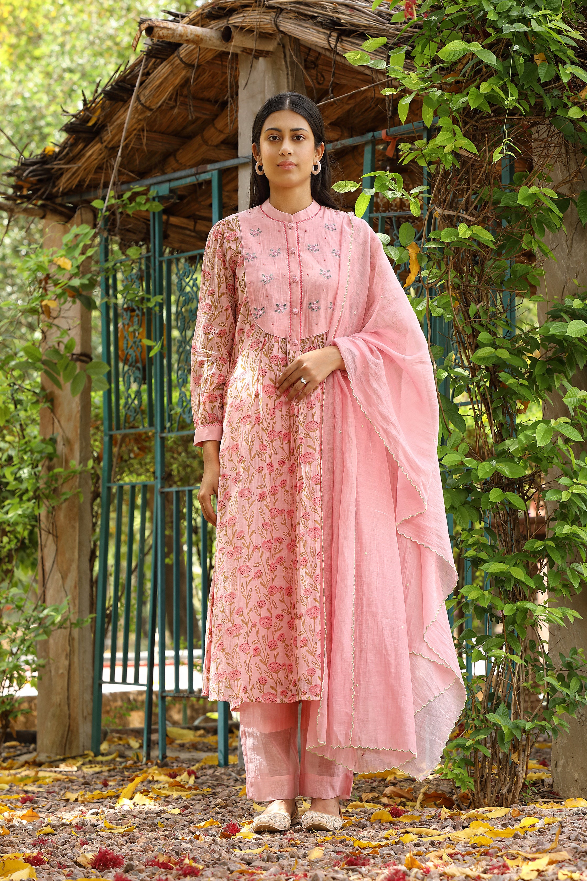 Bougan Suit Set in Pink with Embroidered Dupatta