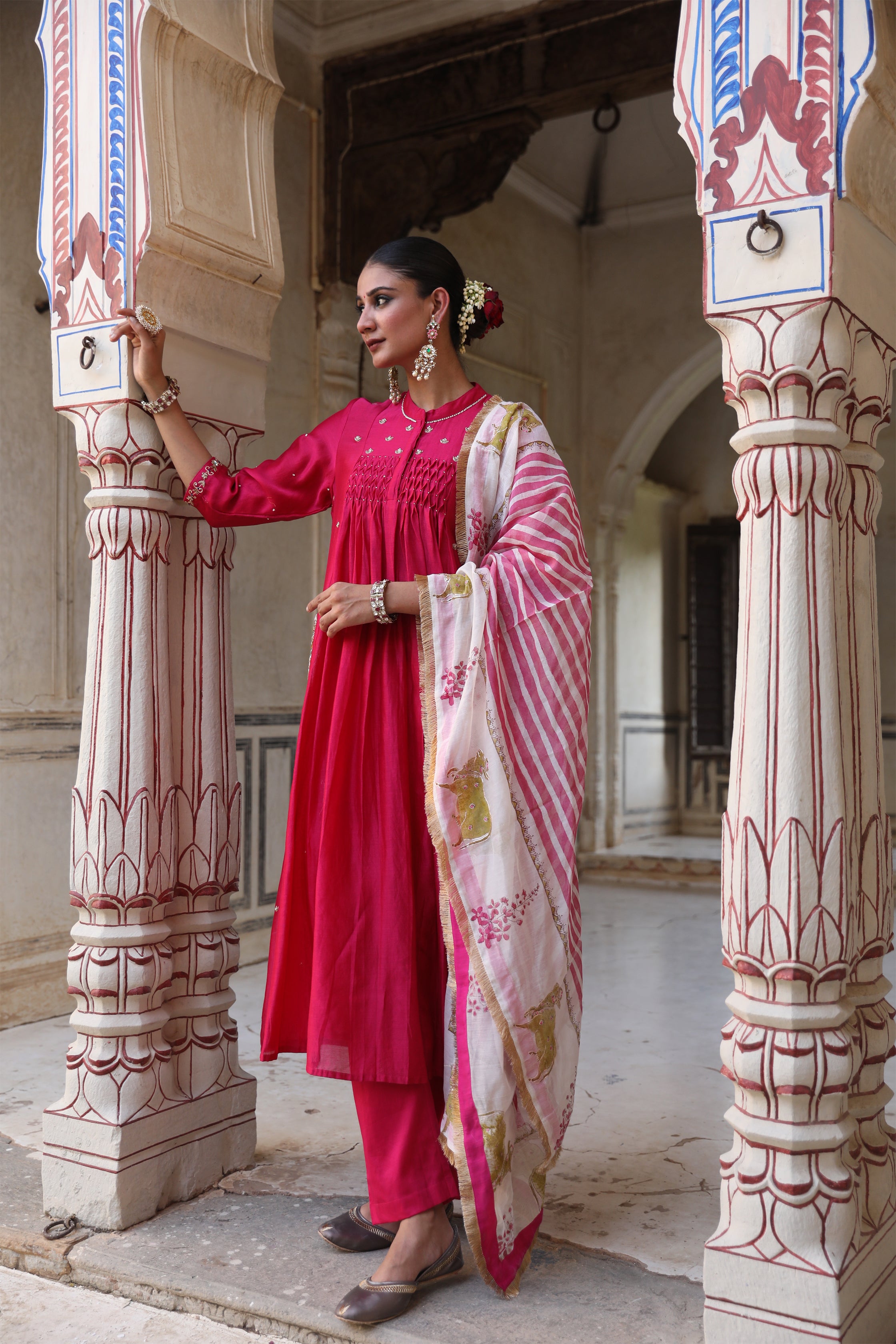 Laxmi Rani Kali Suit Set in Rani Pink with Zardosi Handwork