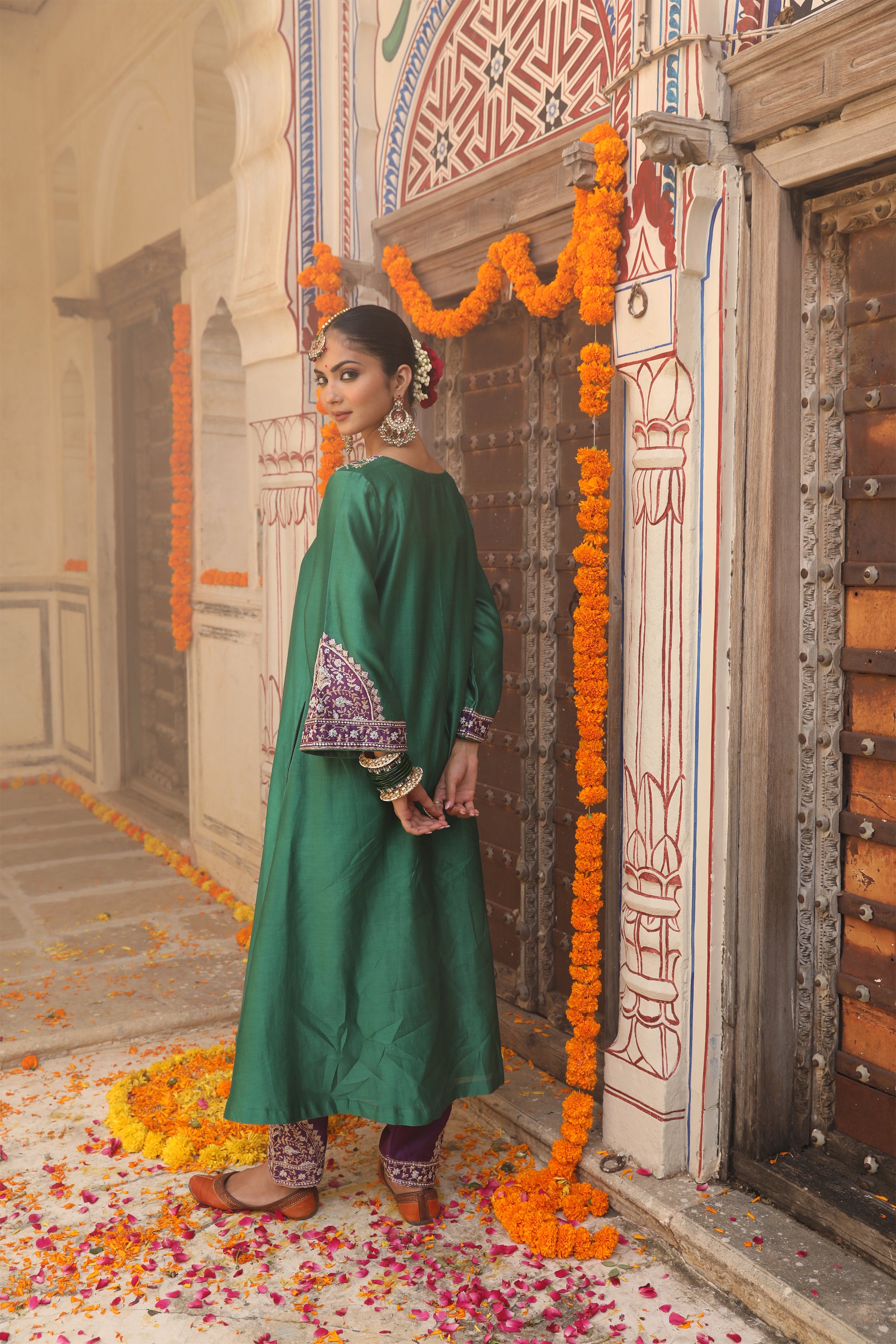 Heena Suit Set in Teal Green with Hand Pitta and Handwork Embroidery