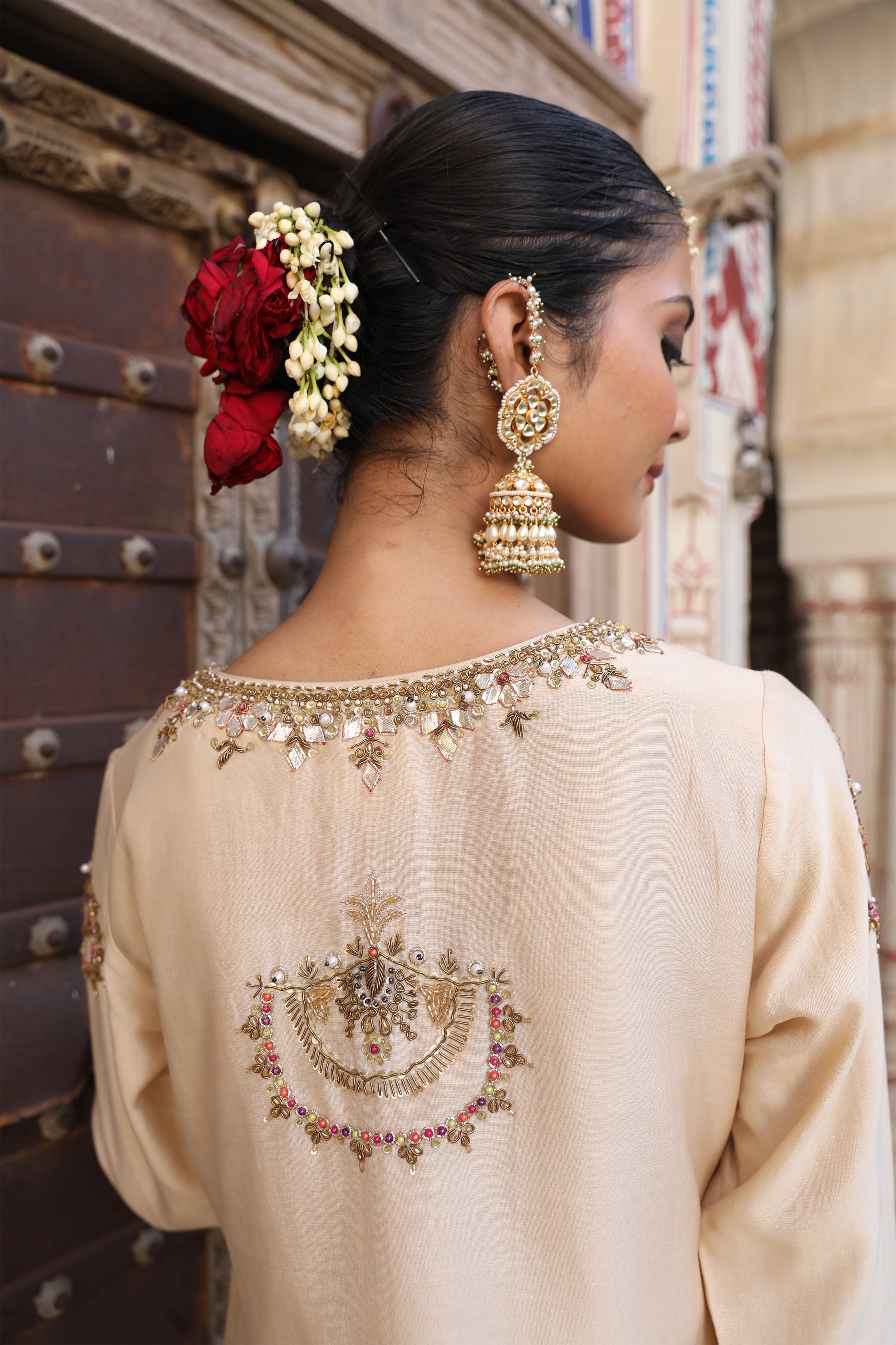 Gaj Sharara Set in Beige with Gota and Zardosi Handwork