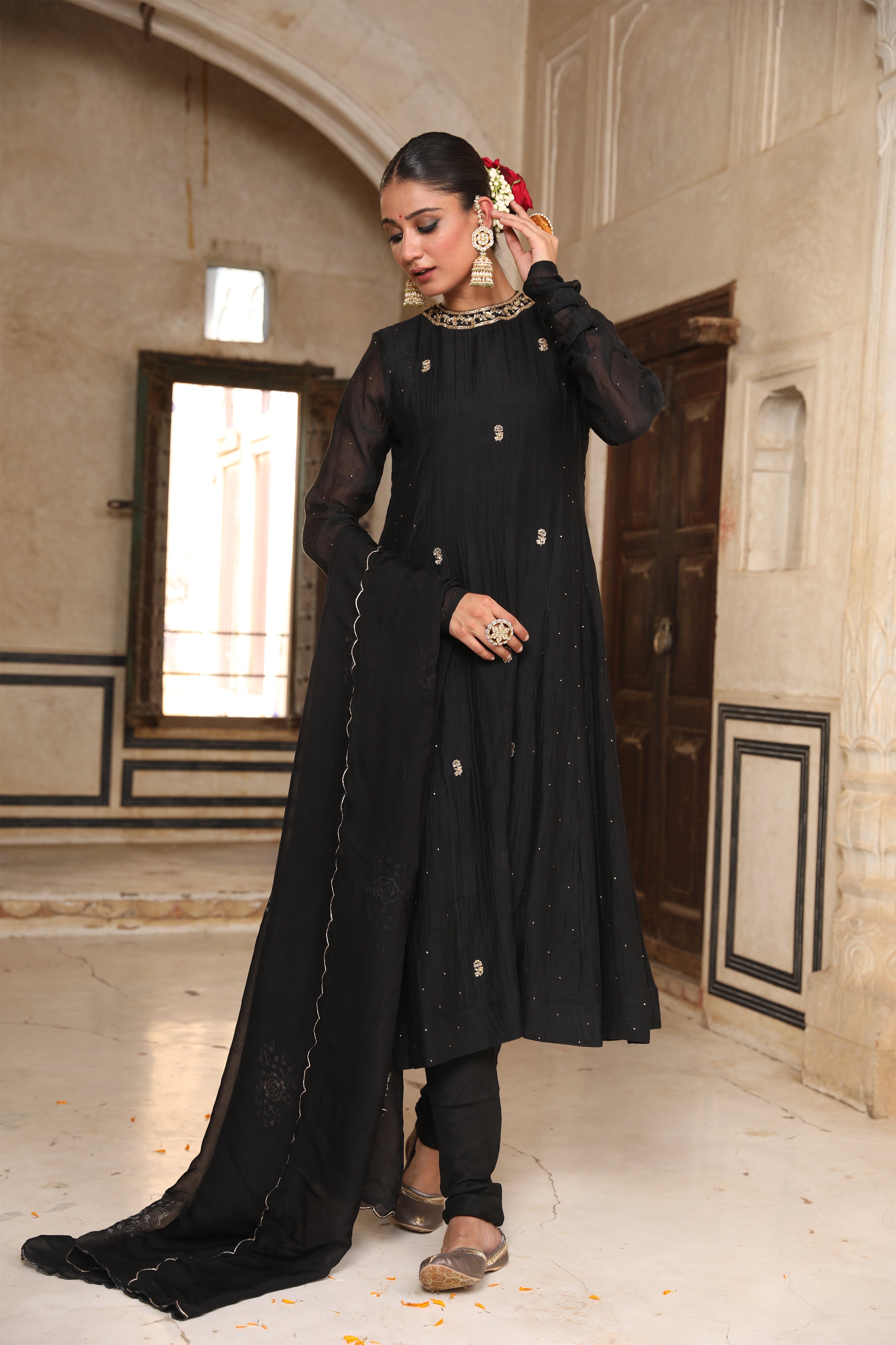 Siyaah Kali Suit Set in Black with Mukaish Zardosi Handwork