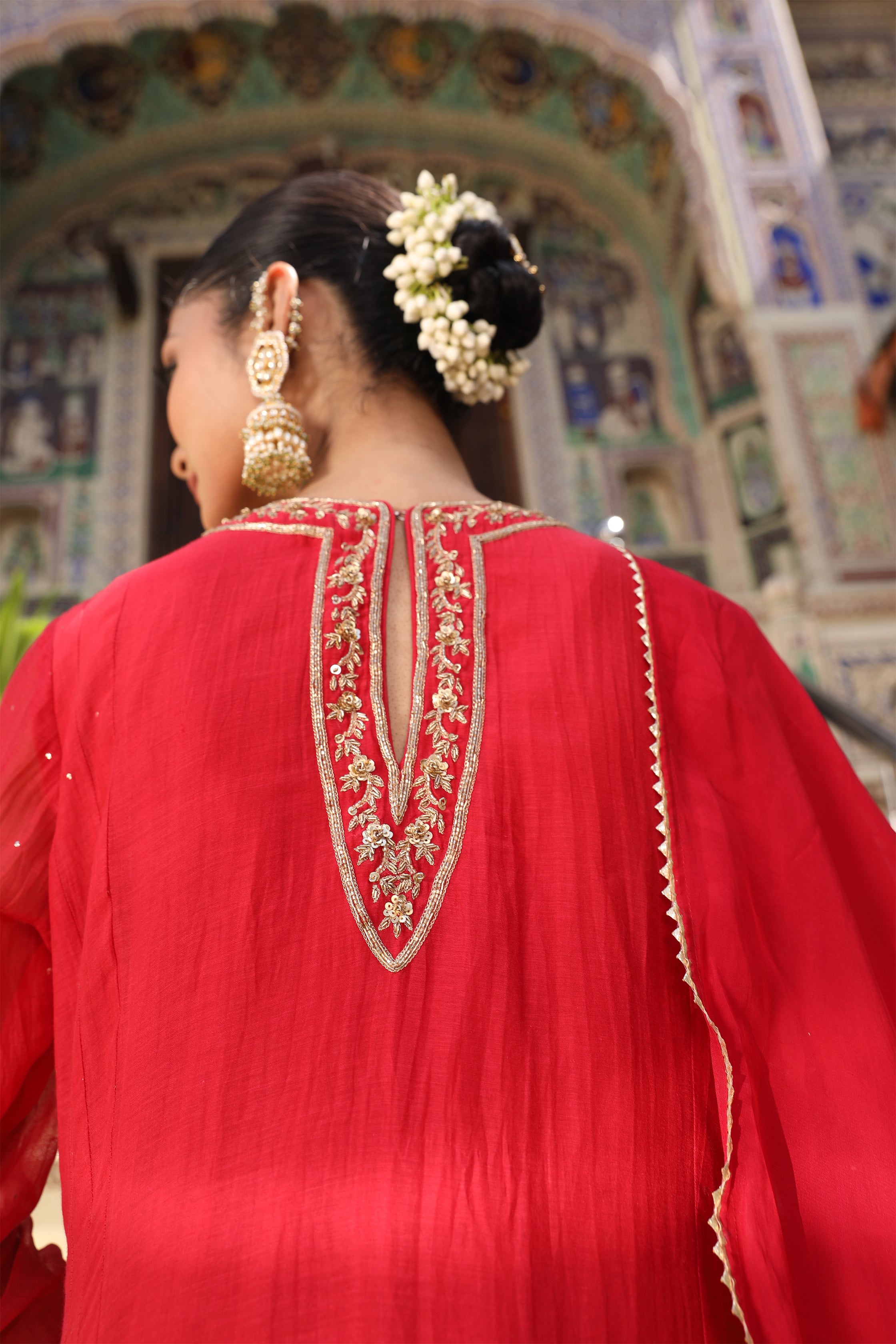 Gulbahar Suit Set in Red with Zardosi and Mukaish Handwork