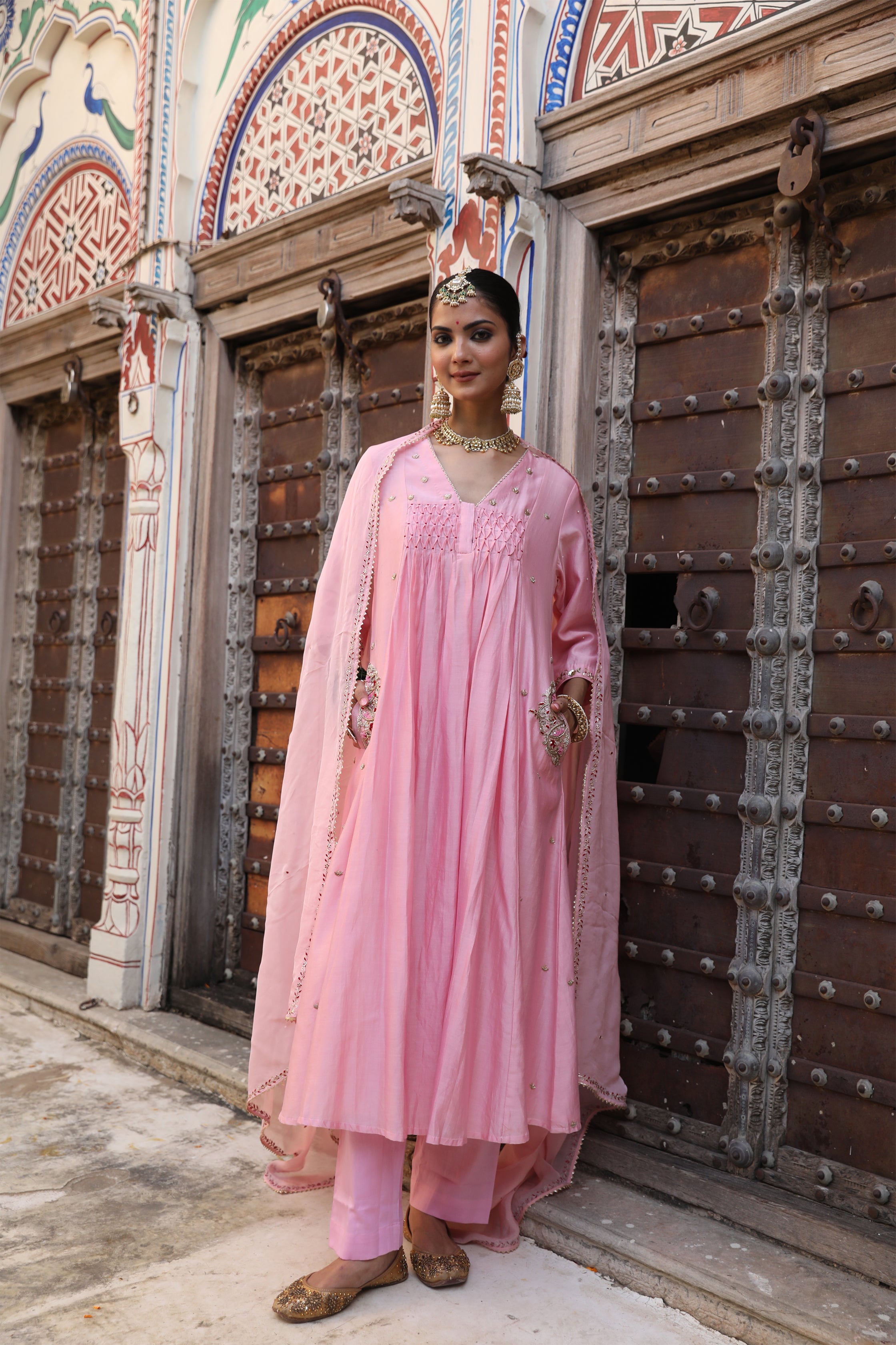 Laxmi Kali Suit Set in Powder Pink with Zardosi Handwork