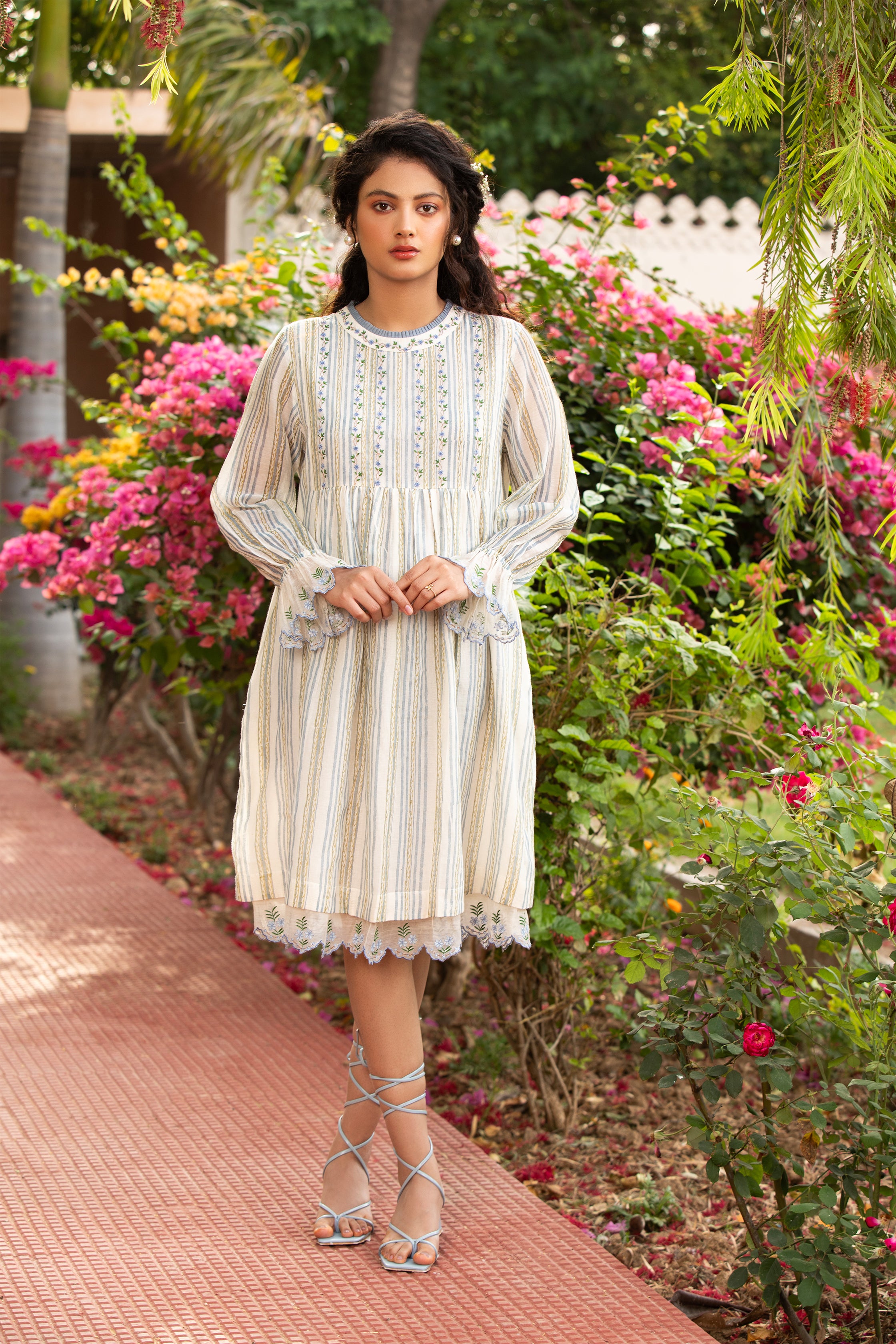 Short Frill Dress in Off White with Embroidered Yoke and Sleeves