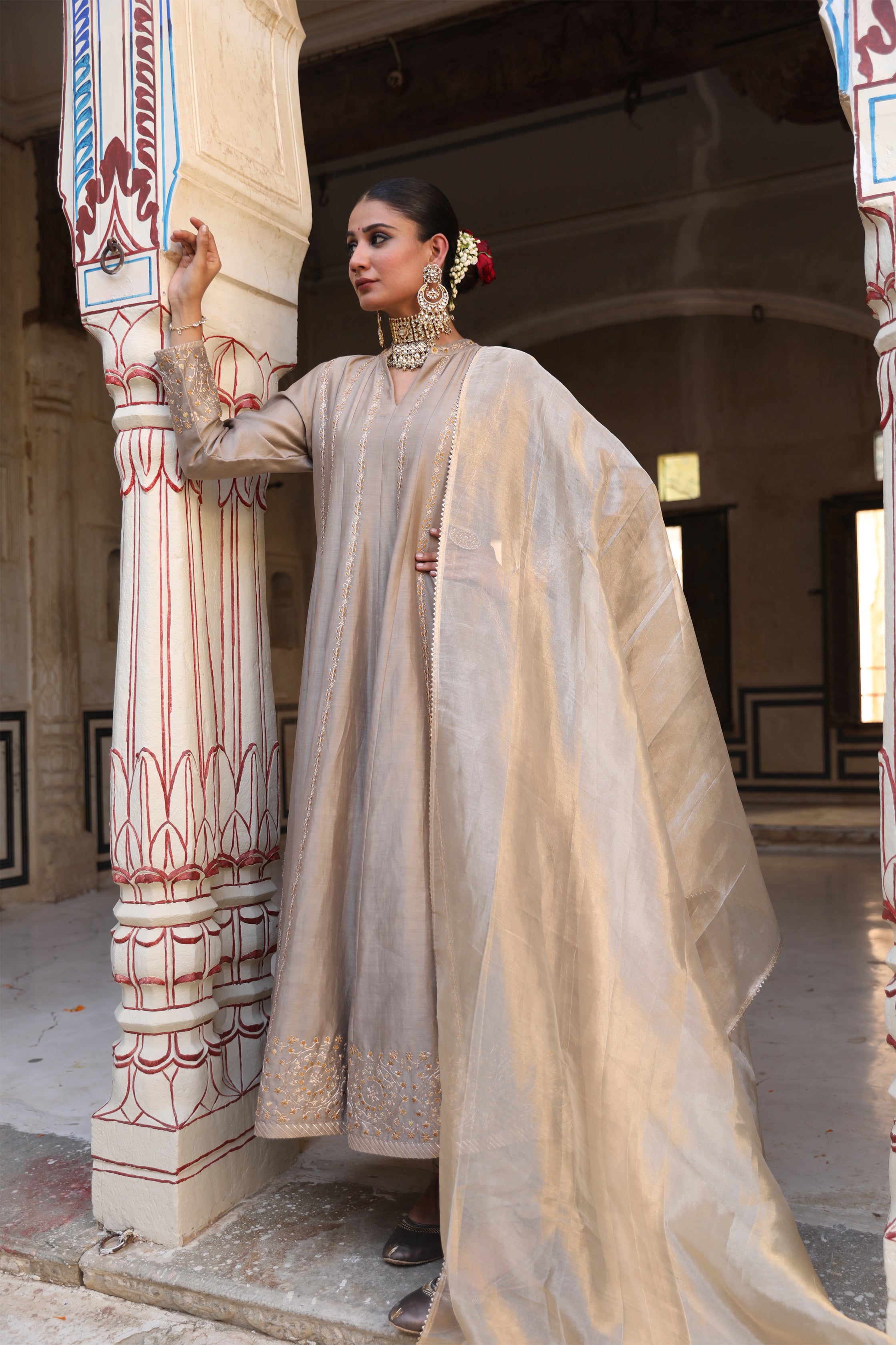 Pal Anarkali Set in Ash Color with Hand Pitta Embroidery