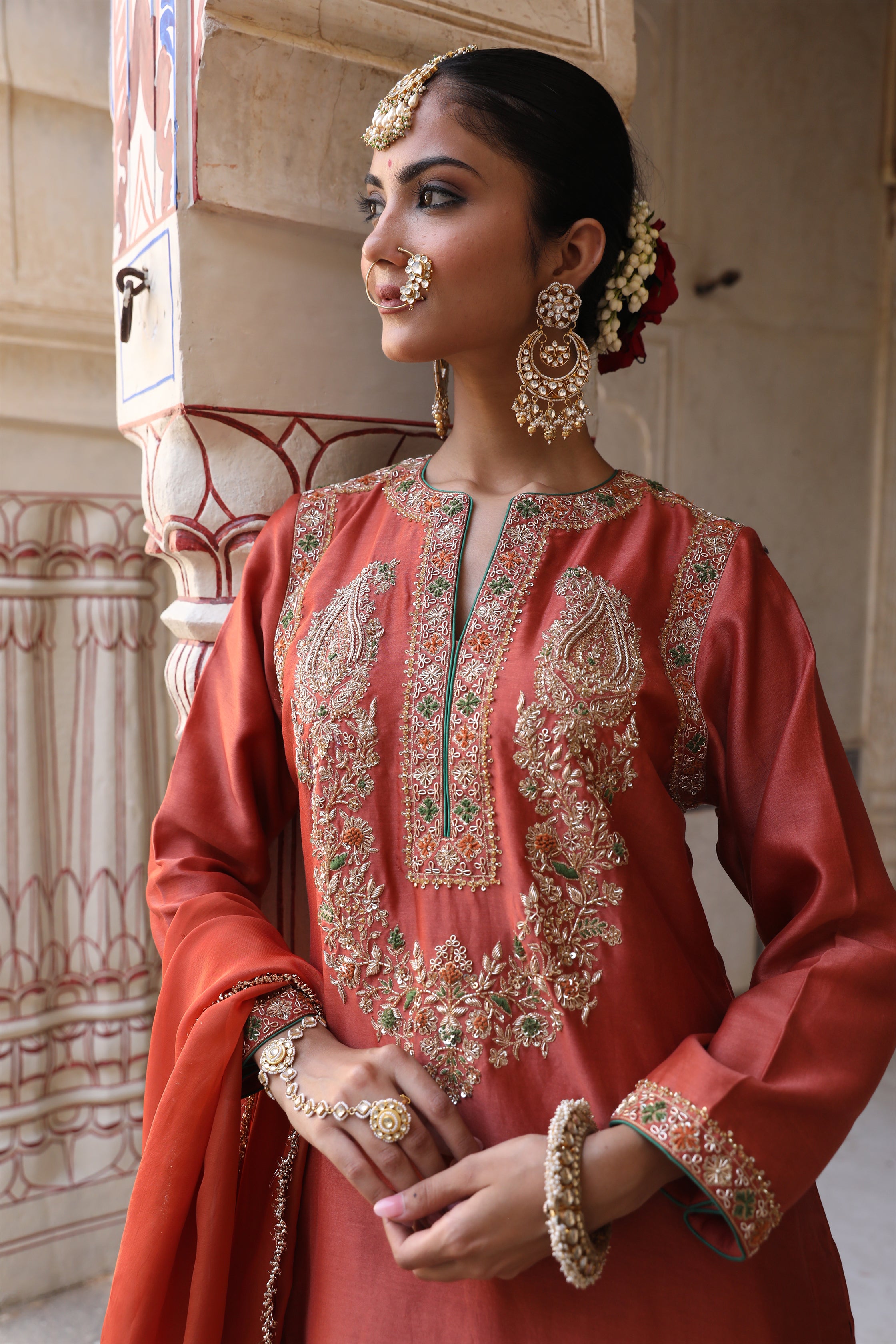 Straight Suit Set in Brick Rust with Zardosi Handwork