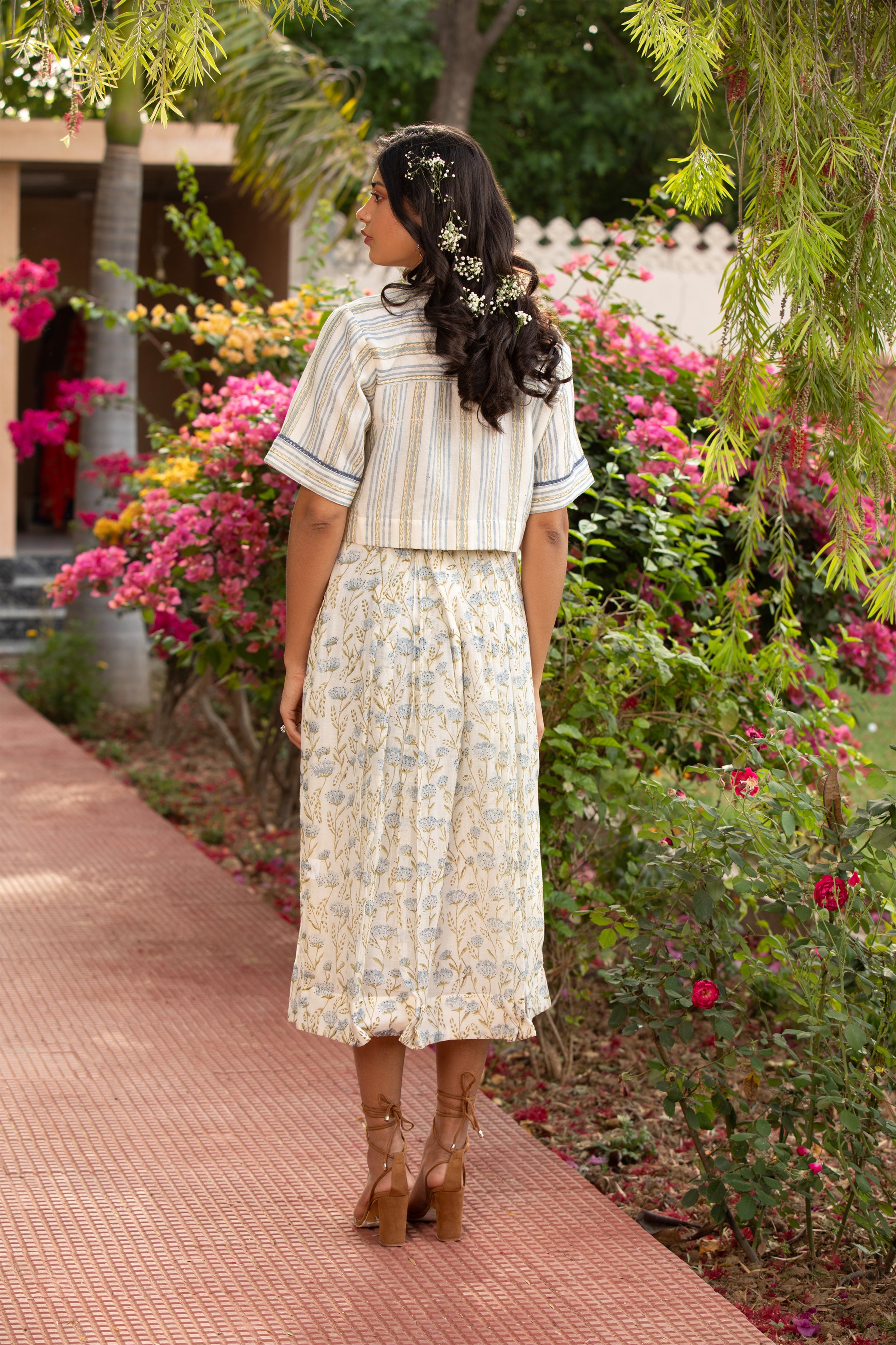 Crop Top and Box Pleated Skirt Set in Off White with Bead and Thread Embroidery