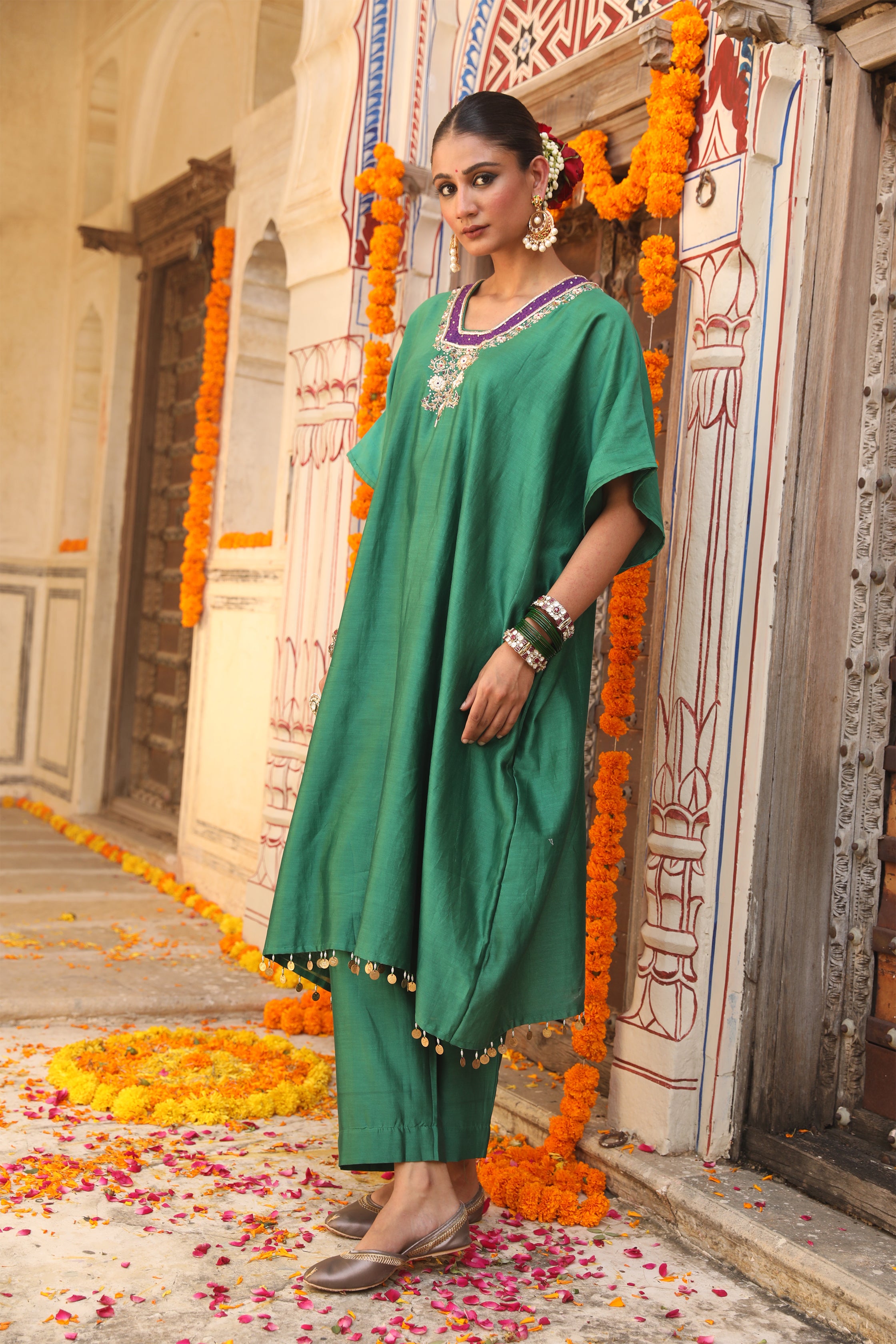 Hazel Kaftan Set in Teal Green with Zardosi Handwork