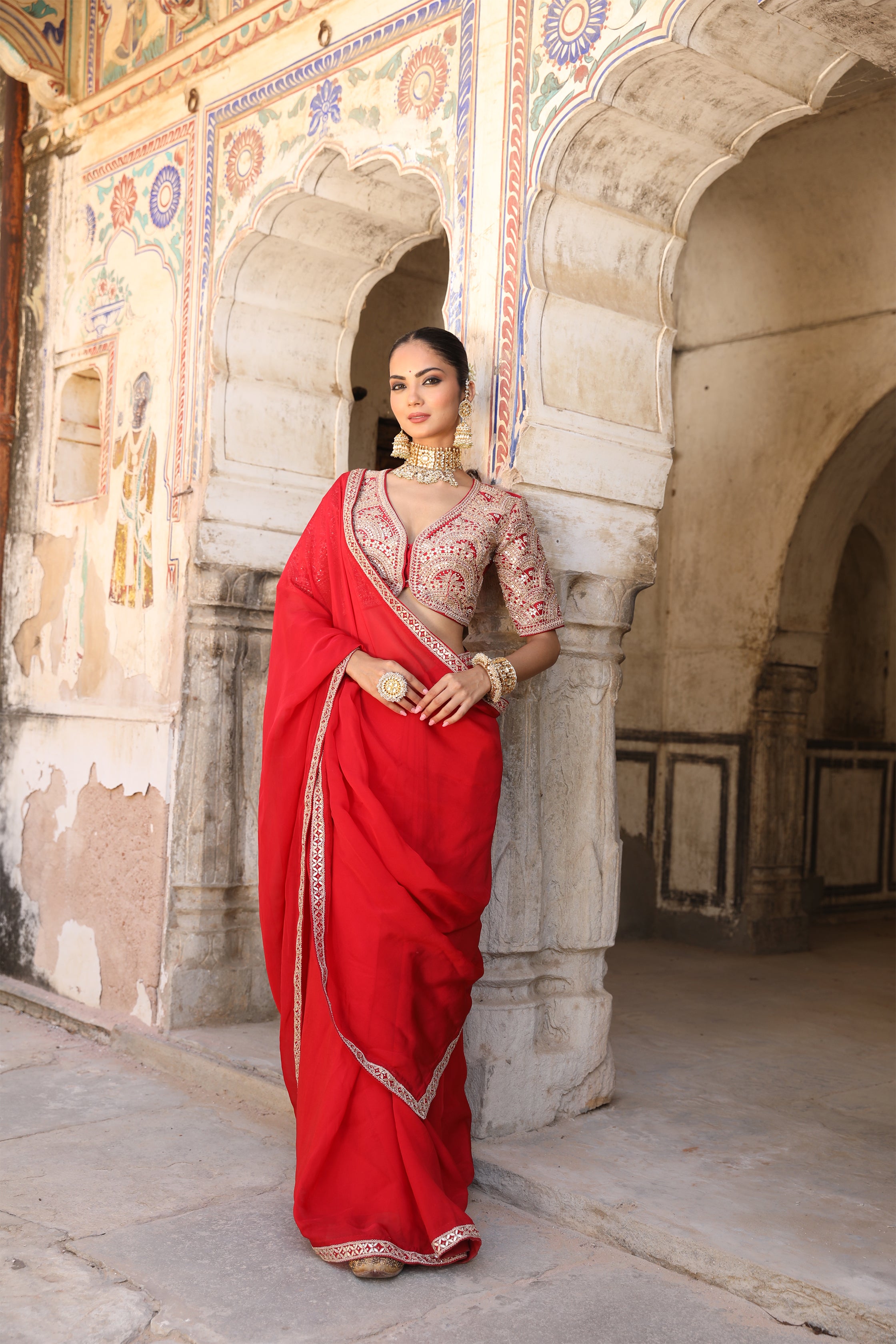 Laal Surakh Saree in Red Organza with Marodi Handwork