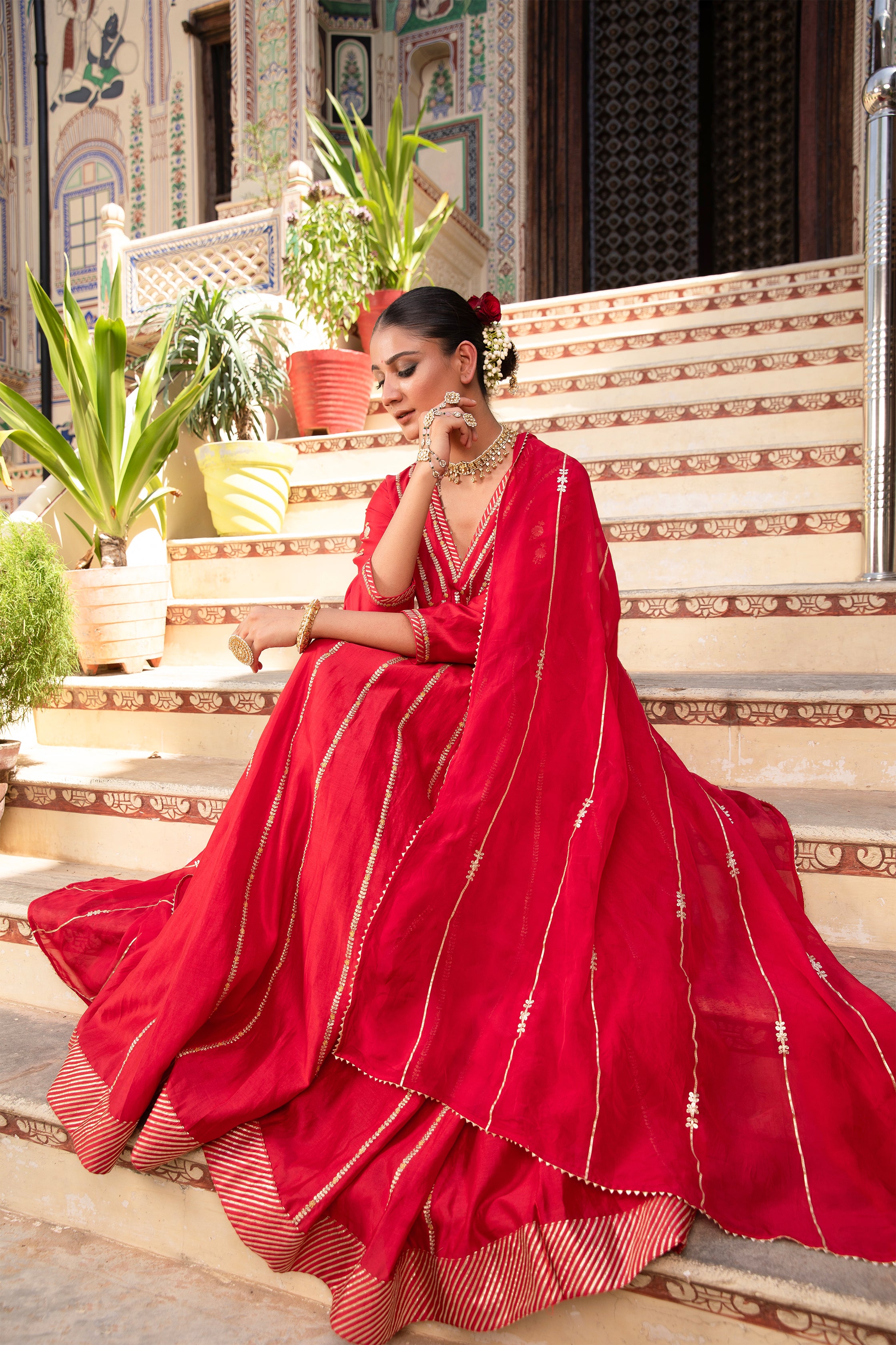 Begam Anarkali Set in Red with Hand Pitta Embroidery