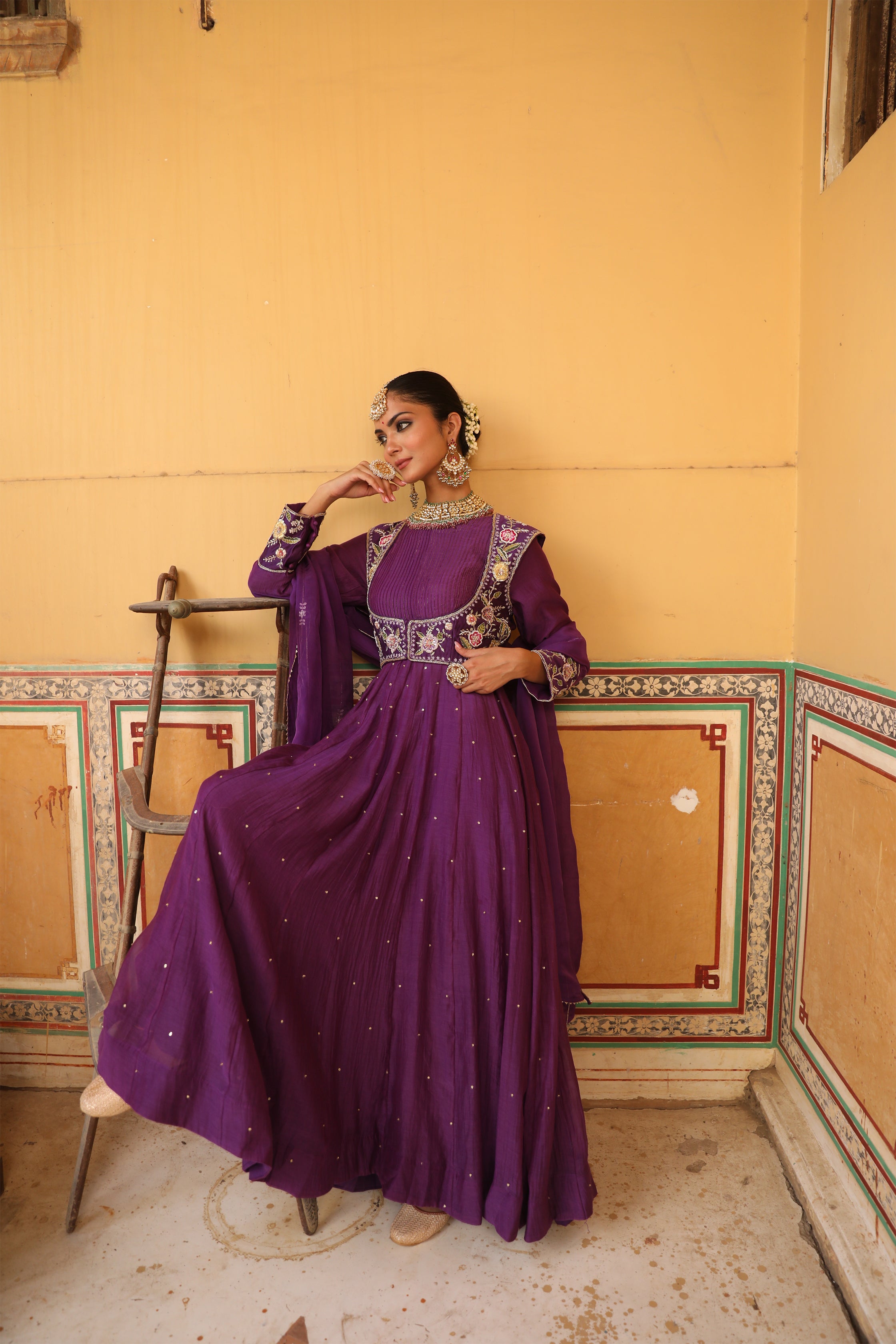 Kashni Anarkali Set in Purple with Thread Aari and Zardosi Handwork