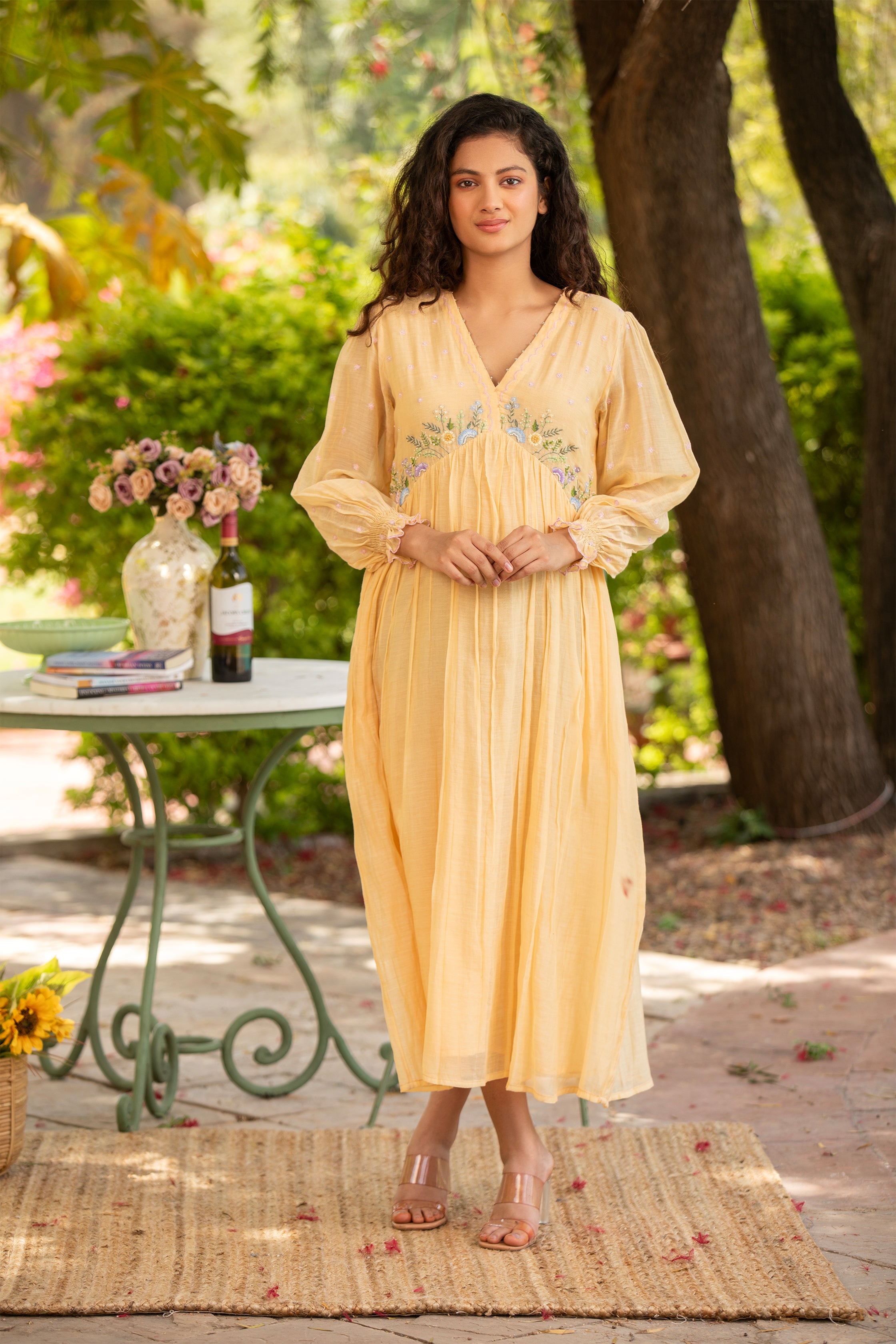 Yellow V-Neck Embroidered Dress Set with Frill Sleeves