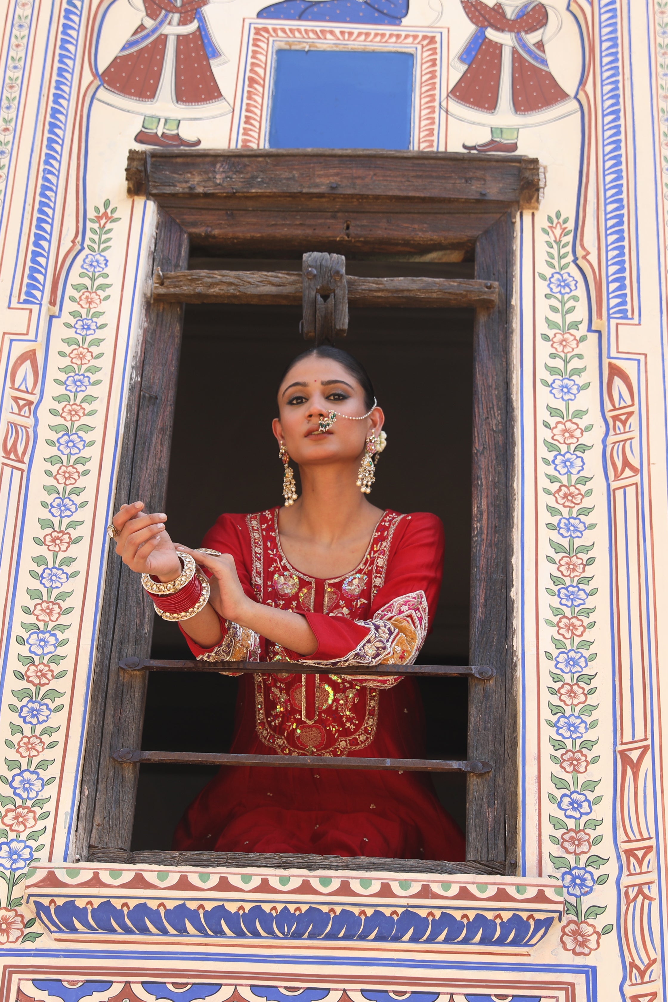 Zaheen Short Anarkali Set in Red with Aari Zardosi Handwork