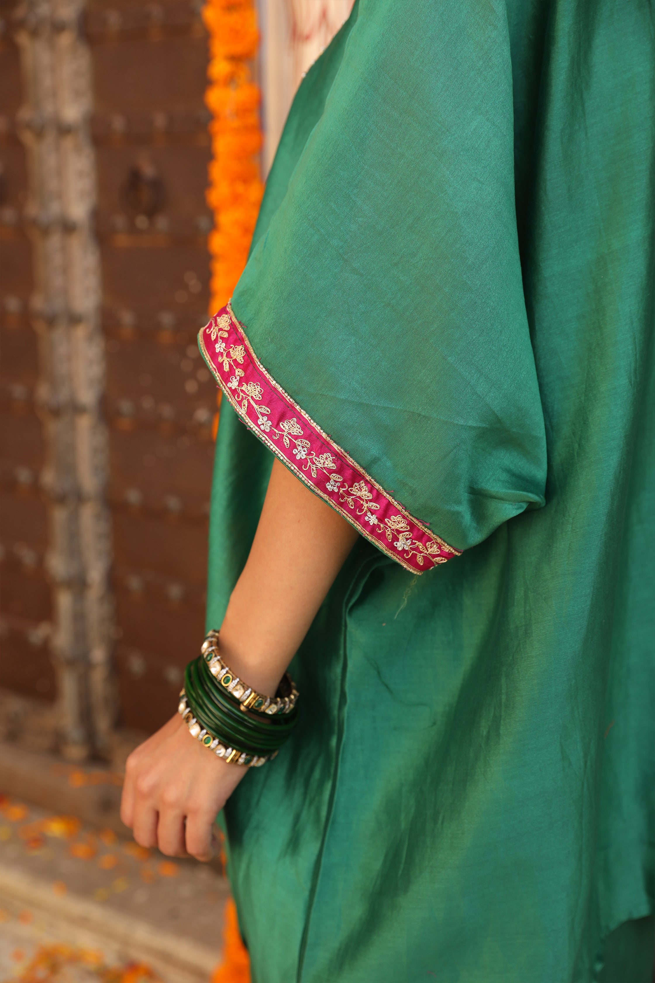 Hayaat Dhoti Set in Teal Green with Hand Pitta Embroidery