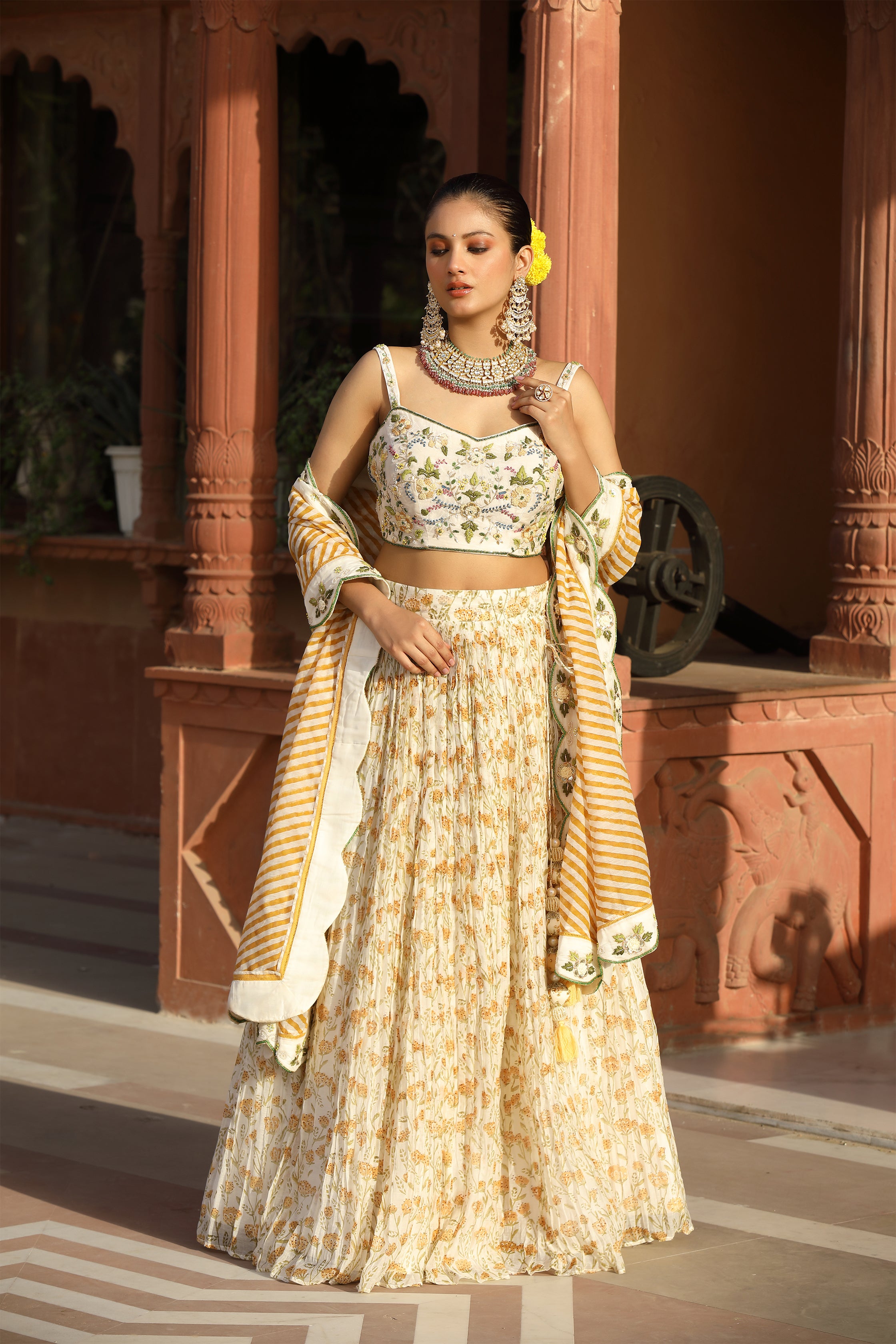 Yellow Cotton Silk Lehenga Set with Detailed Embroidered Blouse and Block Printed Dupatta