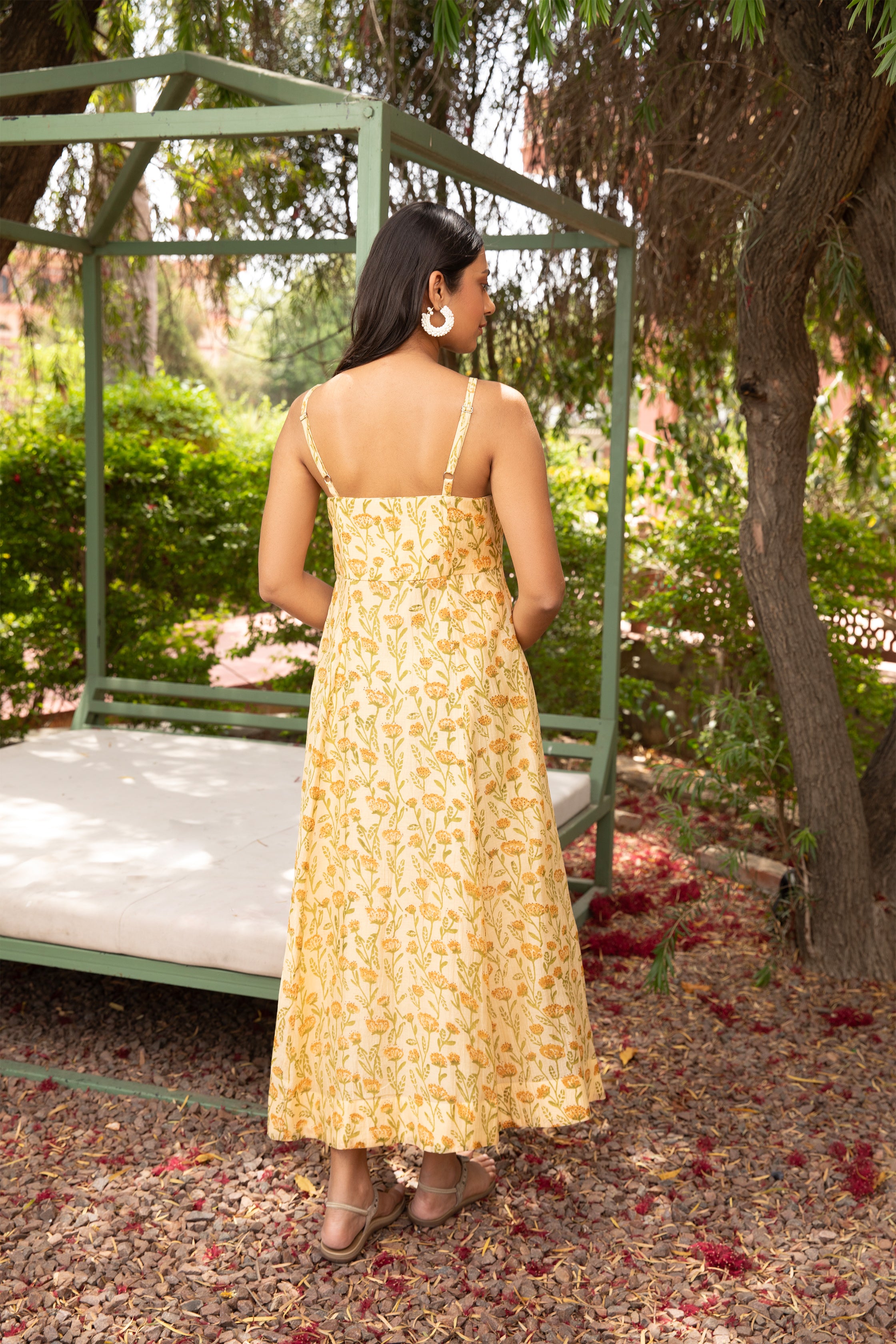 Yellow Corset Dress with Sweetheart Neck and Block Print Detailing