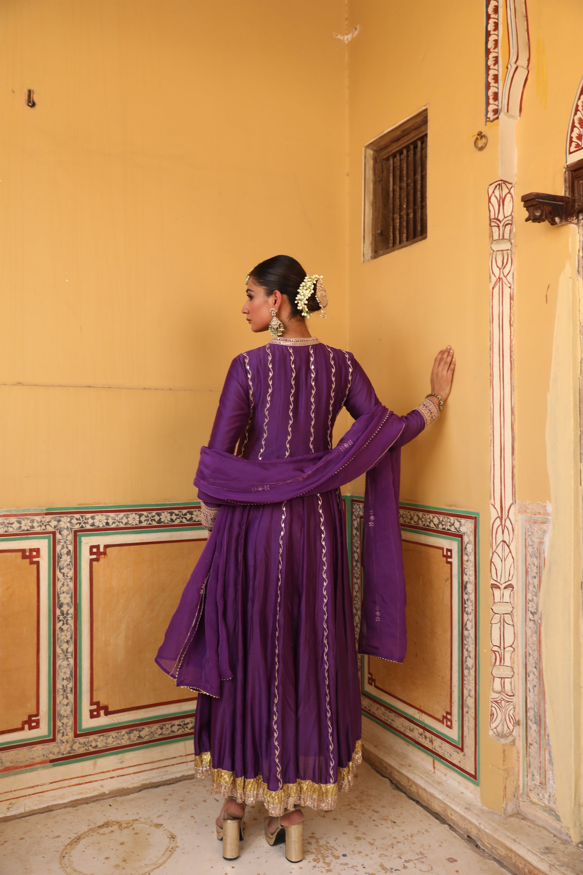 Kundan Anarkali Set in Purple with Gota Handwork