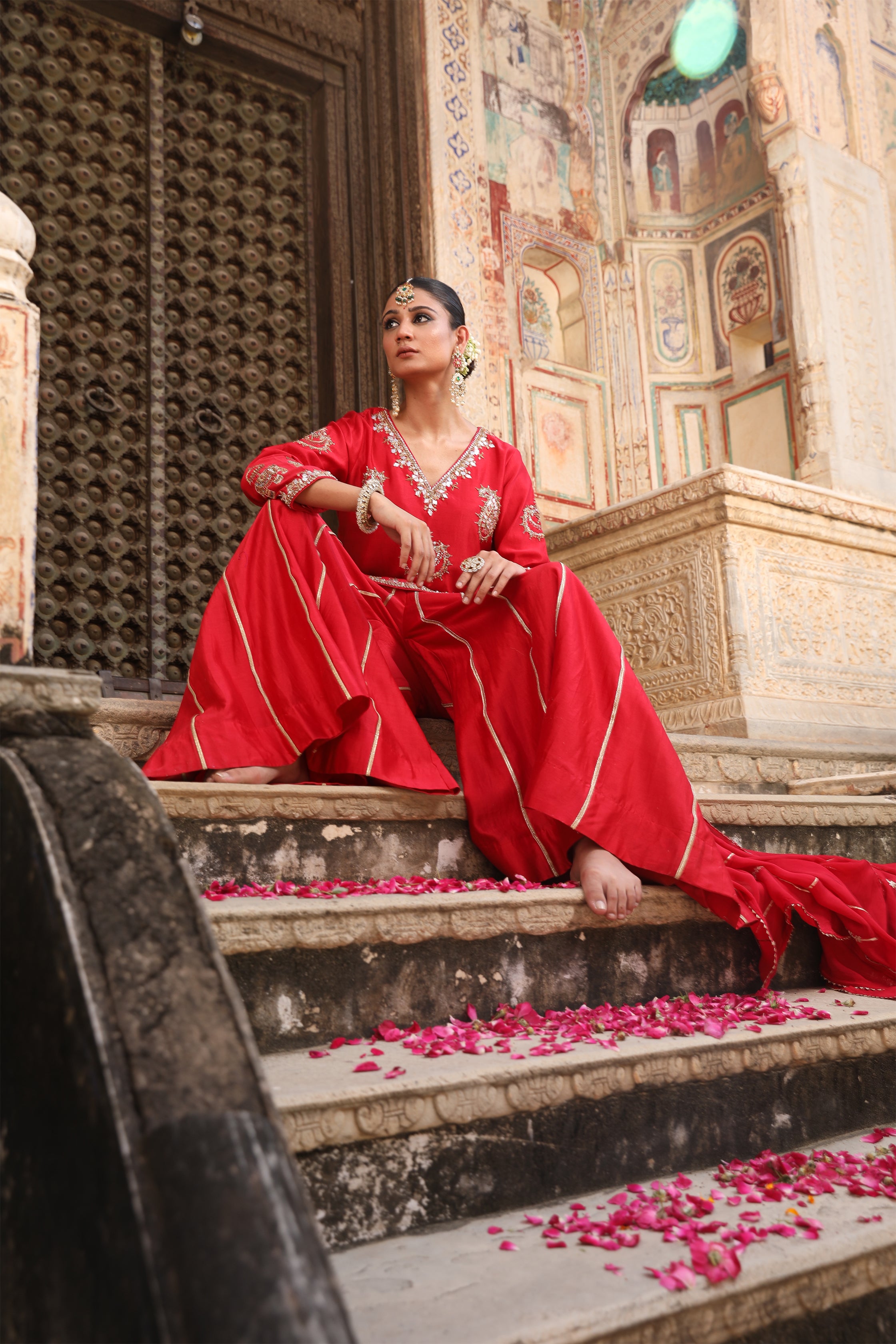 Gaj Sharara Set in Red Silk with Gota Patti & Zardosi Handwork