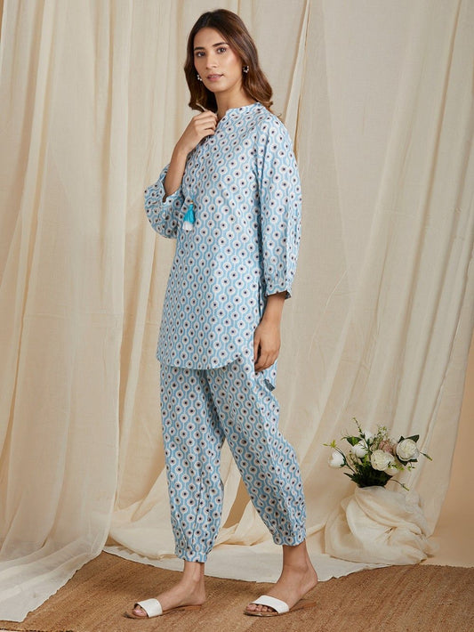 Alure Blue Hand-Block Co-ord Set